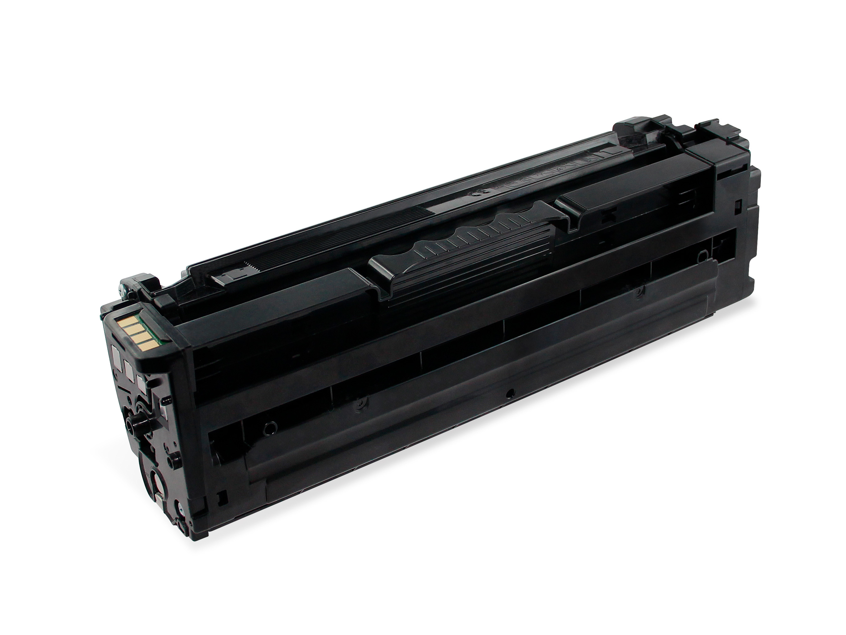 Una cartuccia toner nera su sfondo bianco. Inclinata, mostra i dettagli del design.