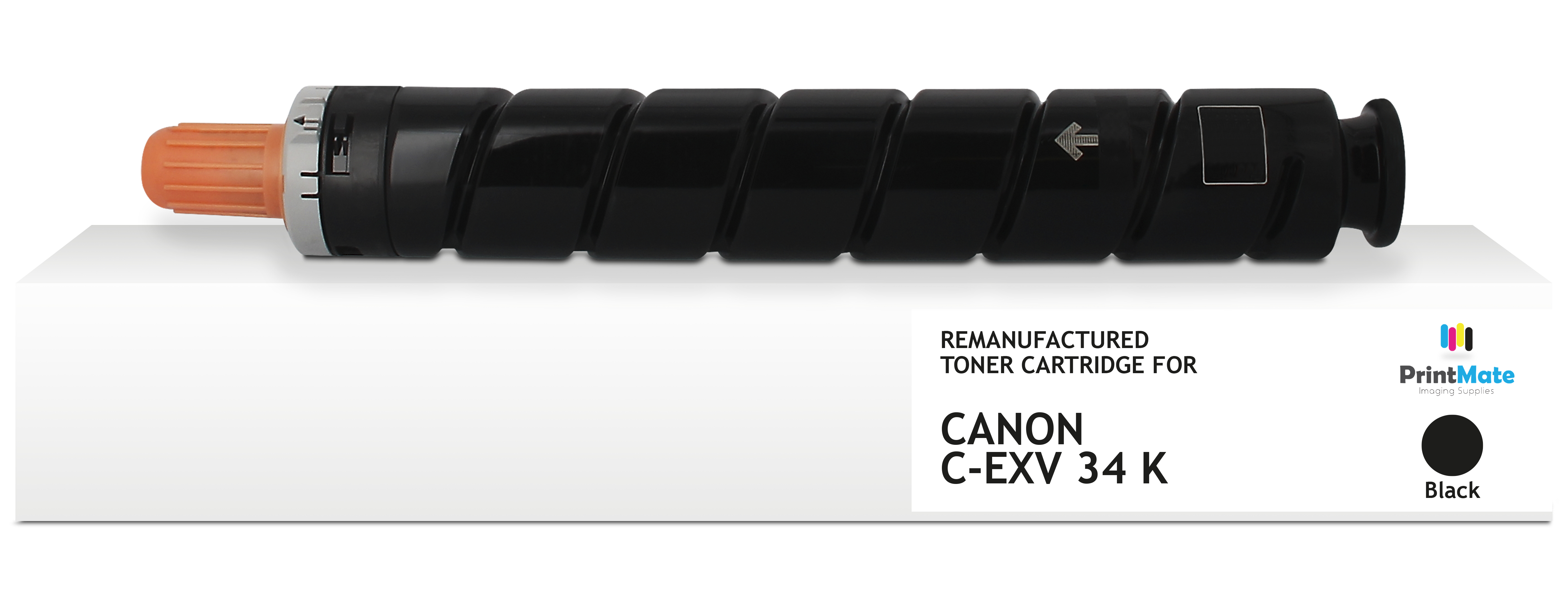 Cartuccia toner nera Canon C-EXV 34 K su scatola bianca. Estremità arancione a sinistra ed etichetta nera a destra.