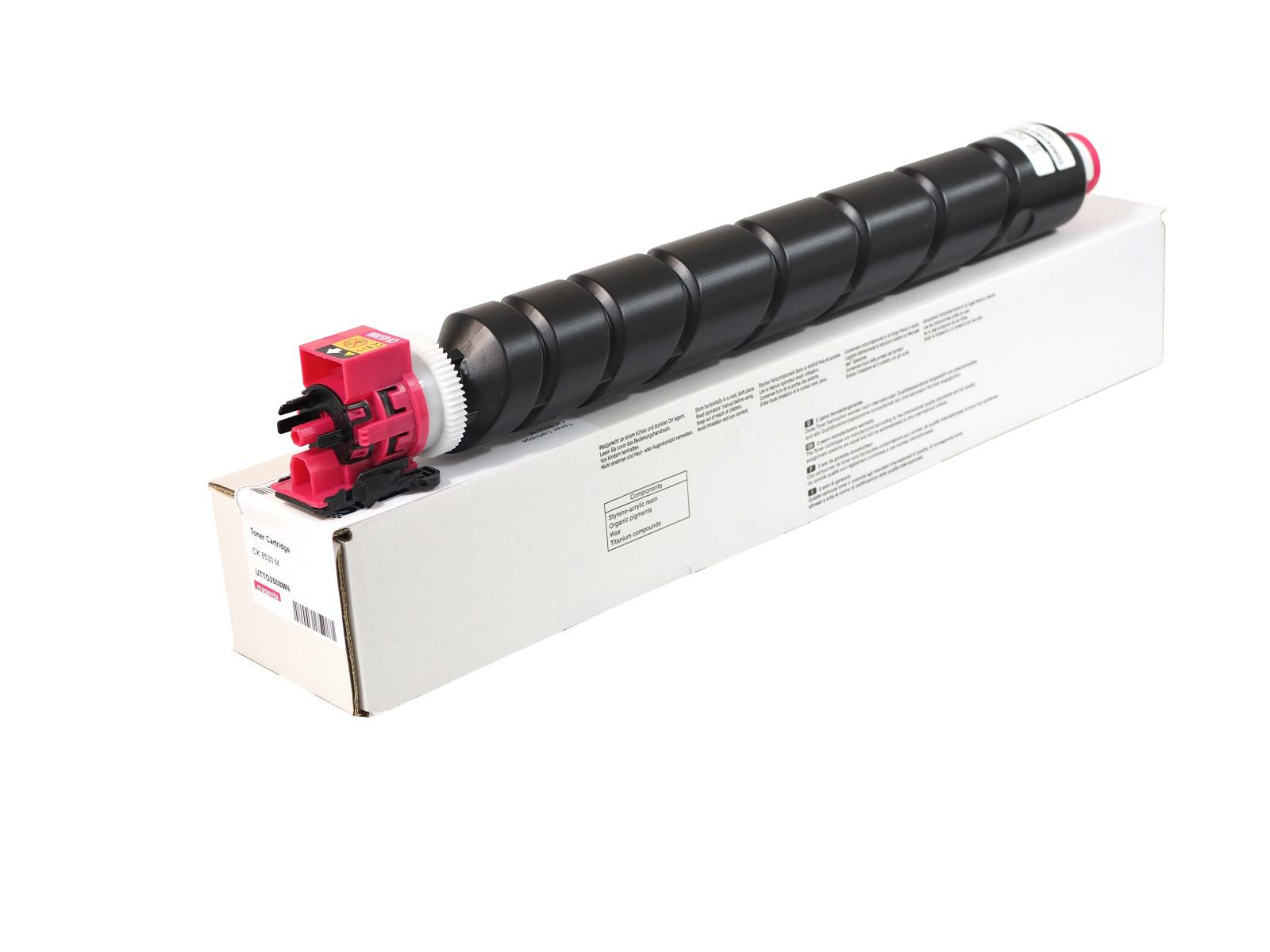 Cartuccia toner nera in scatola bianca. La cartuccia è cilindrica, per lo più nera, con componenti rosa e bianchi. La scatola ha del testo.