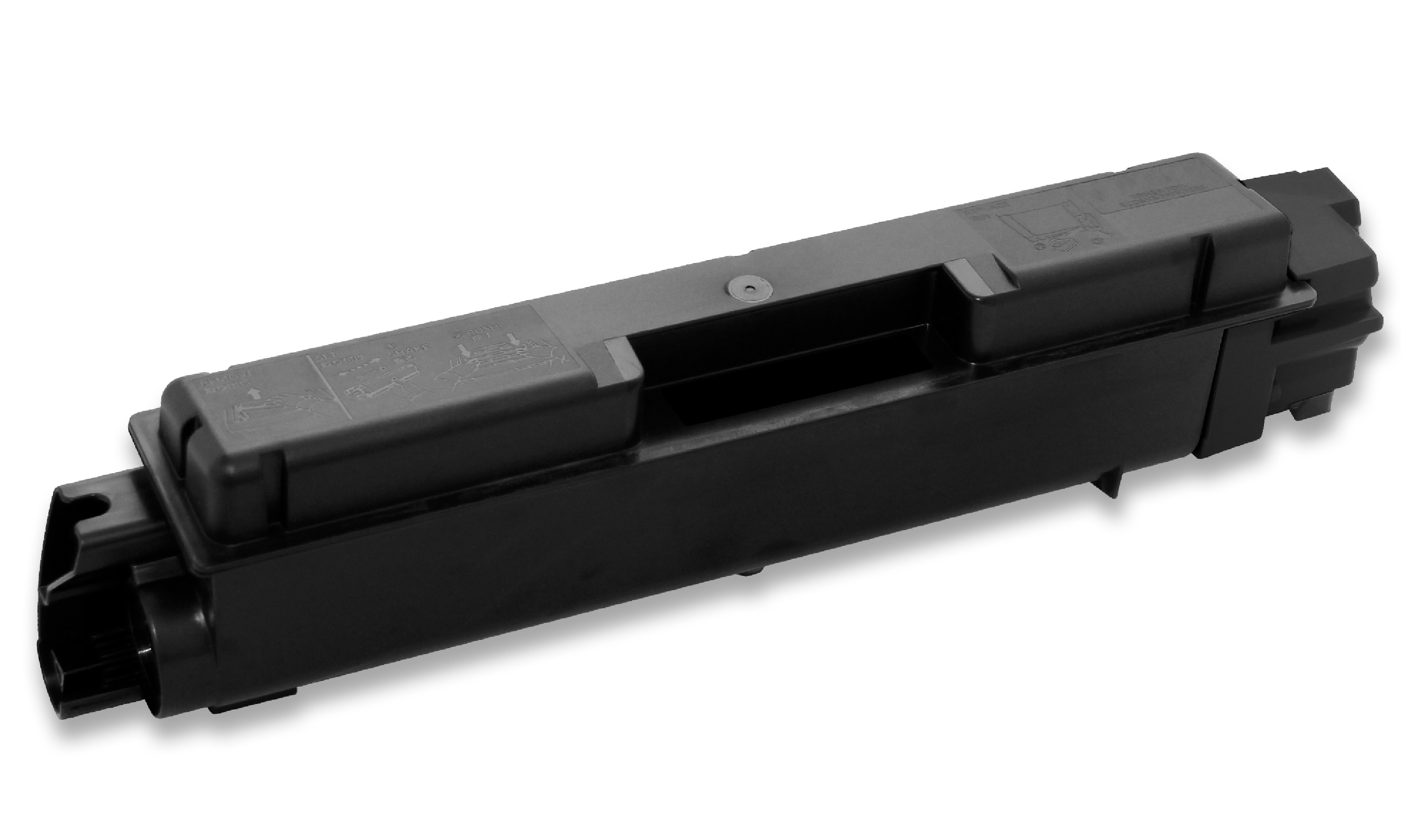 Una cartuccia toner nera su sfondo bianco. Ha una forma rettangolare con del testo sopra.