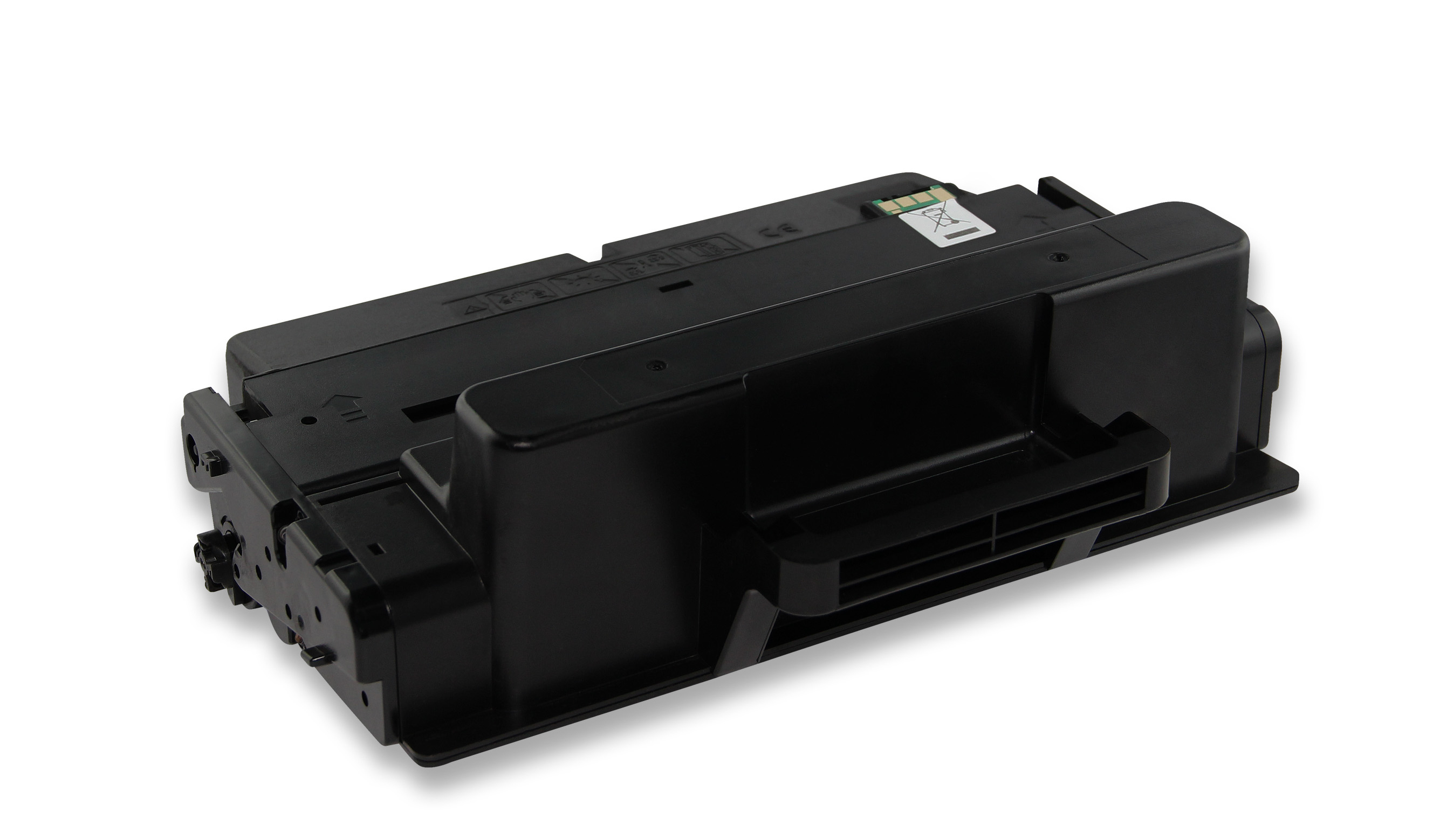 Una cartuccia toner nera su sfondo bianco. La cartuccia è rettangolare con manico e varie etichette.