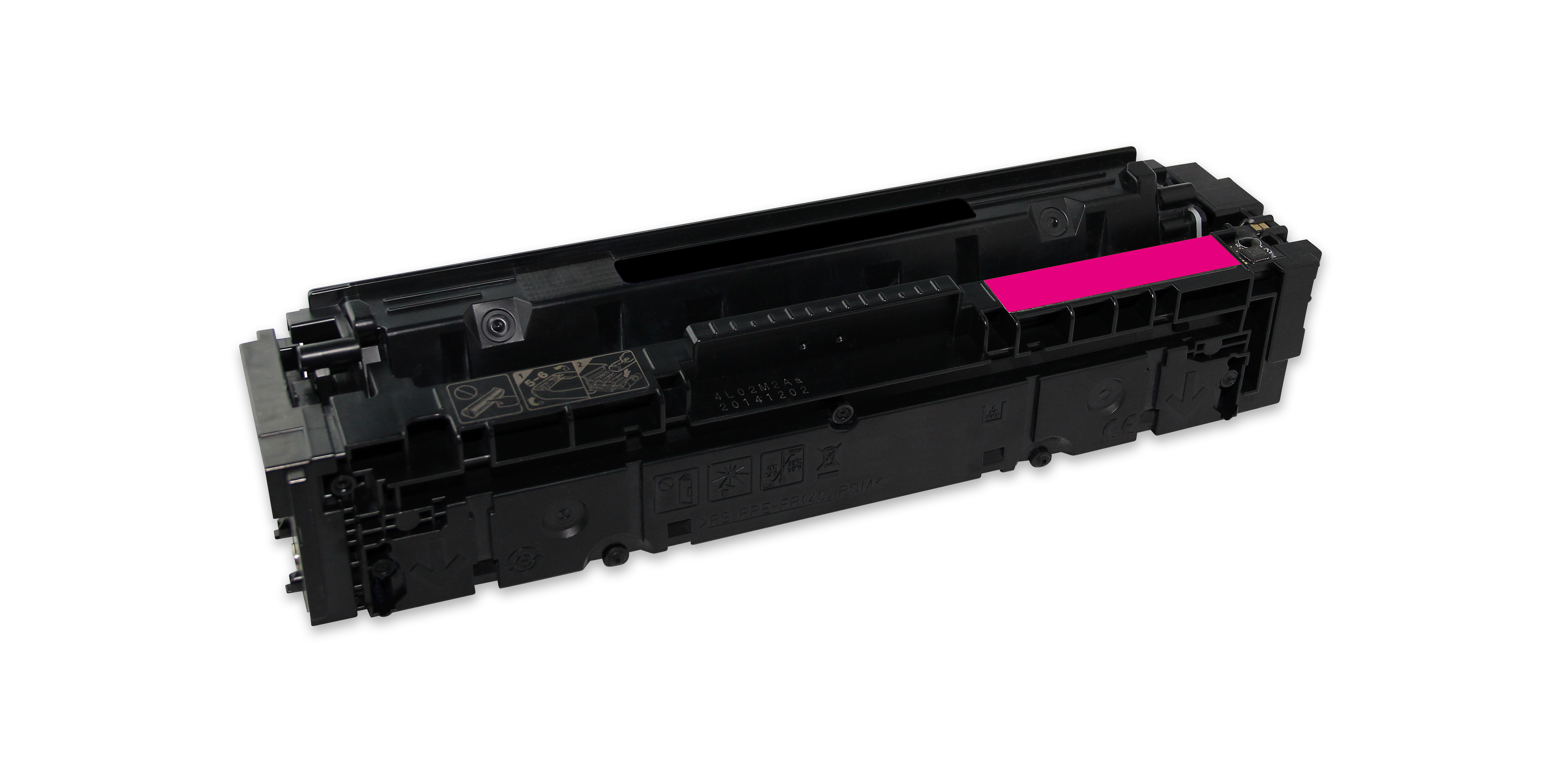 Una cartuccia toner nera con una sezione rosa brillante. Su sfondo bianco. La cartuccia è angolata.
