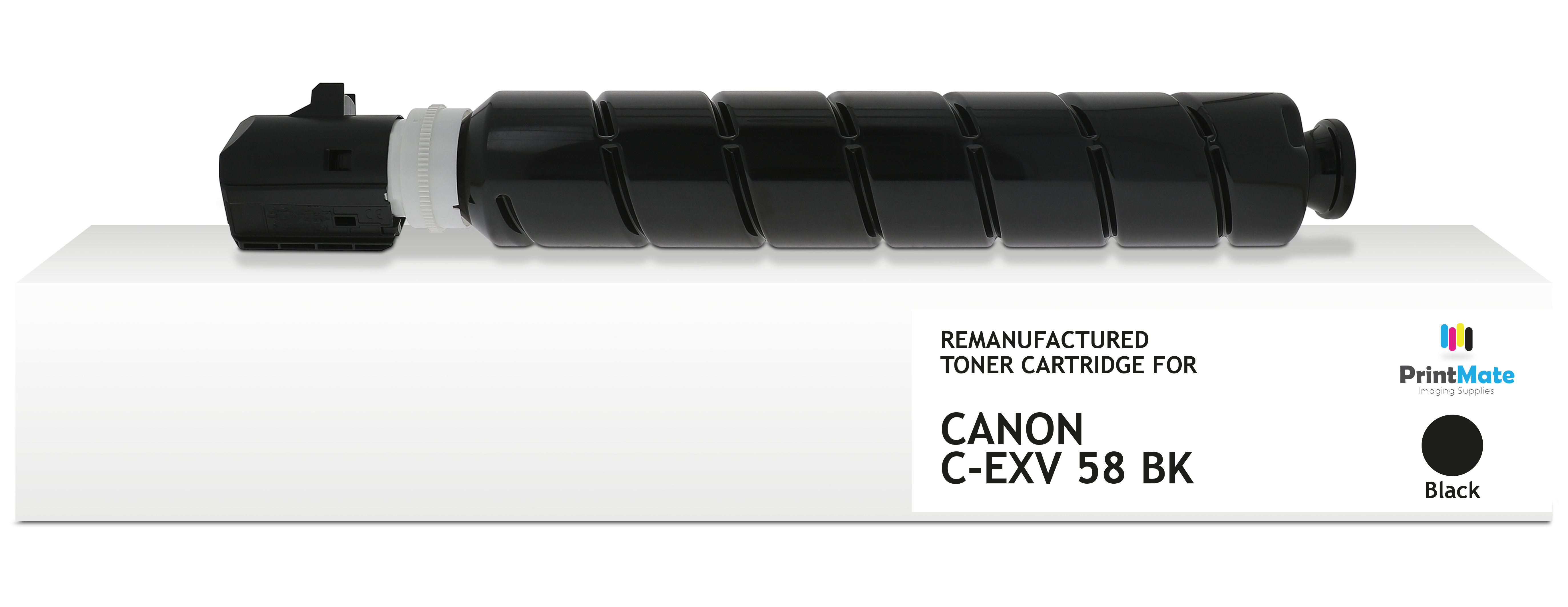Una cartuccia toner nera per Canon C-EXV 58 BK, rigenerata, su una scatola bianca. Il logo PrintMate è visibile.
