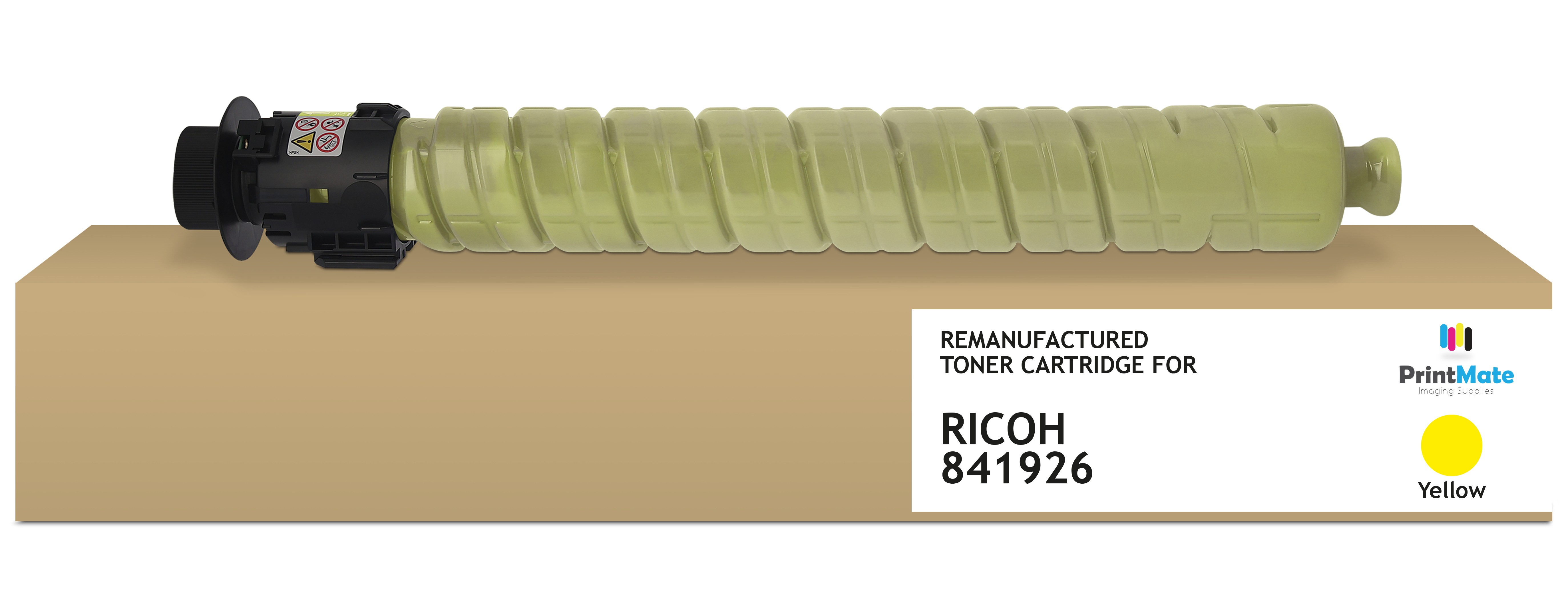 Cartuccia toner gialla su una scatola di cartone. Il testo recita: Cartuccia toner rigenerata per Ricoh 841926. Un cerchio giallo con la parola Giallo.