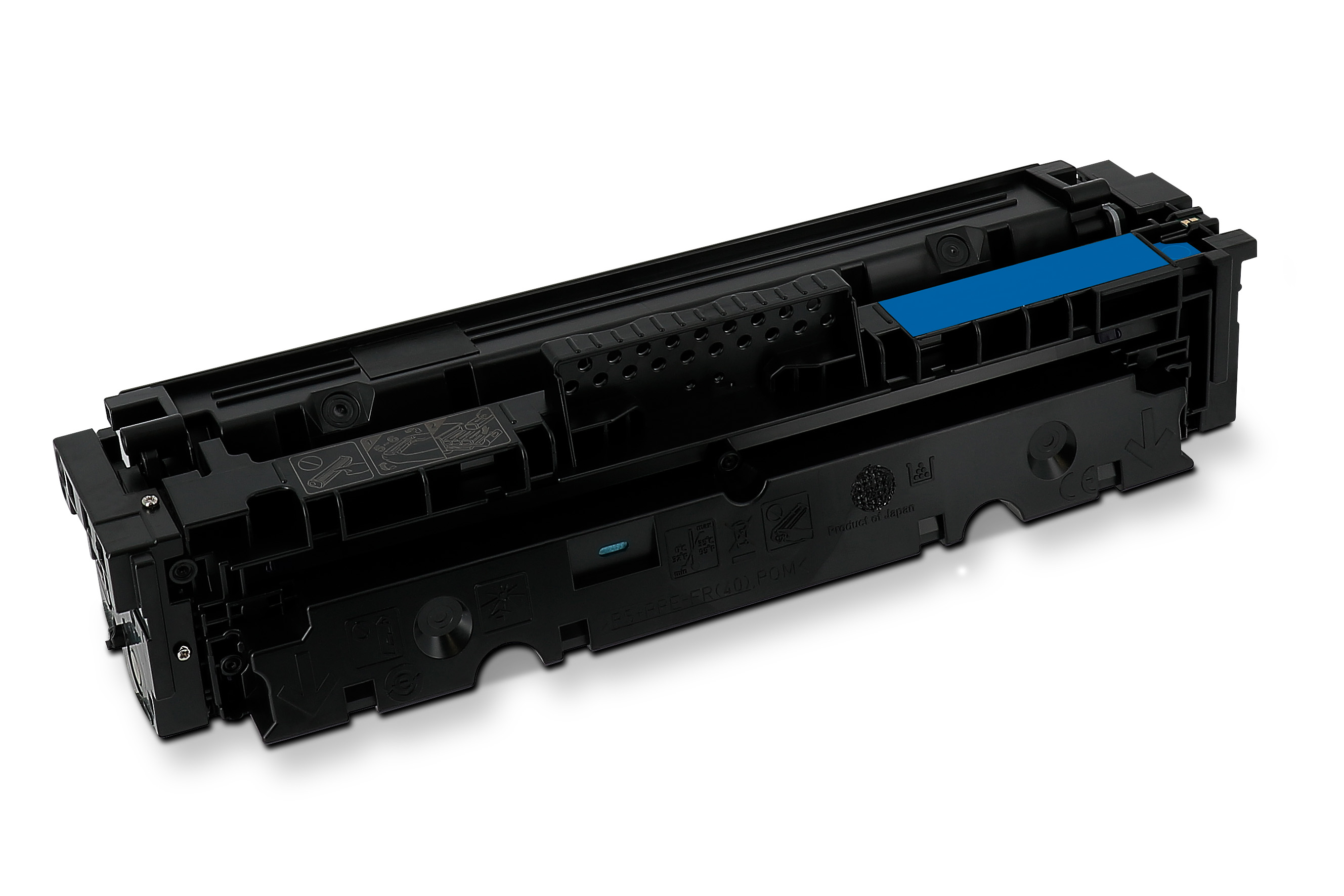 Cartuccia toner nera con dettagli blu, su superficie bianca. Dettagli della cartuccia visibili.