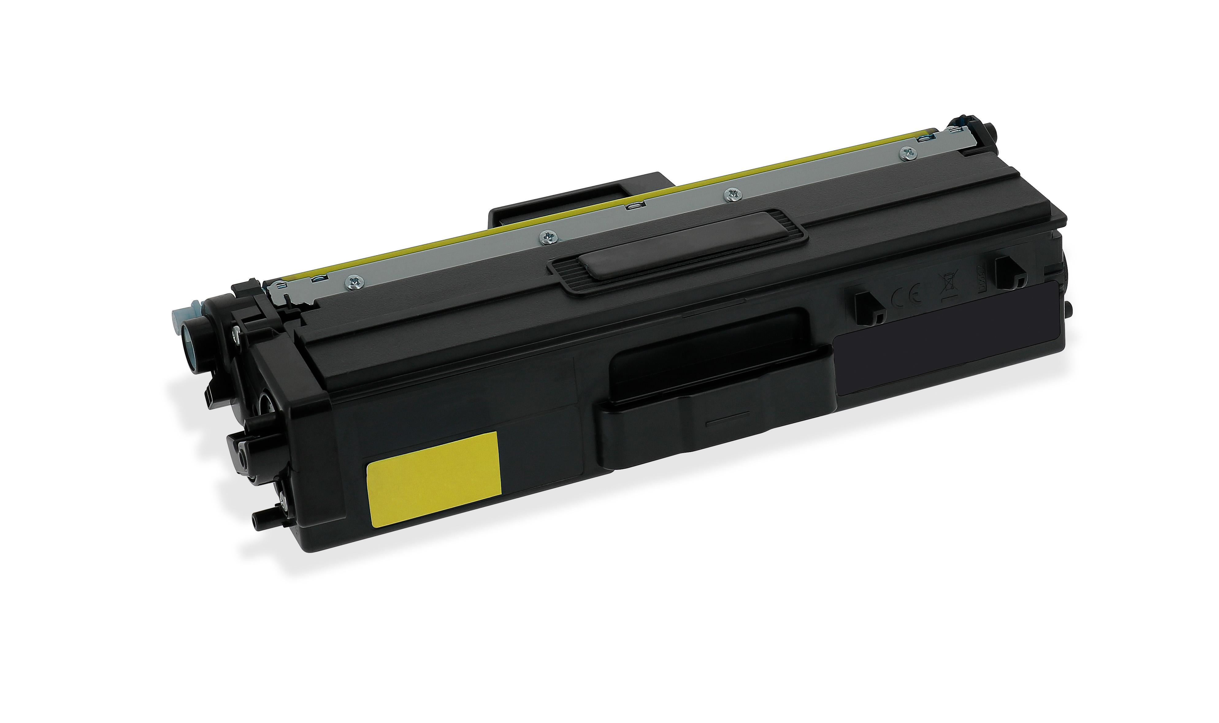 Una cartuccia di toner nera per stampante su sfondo bianco. Ha dettagli gialli e argento, e un adesivo giallo.