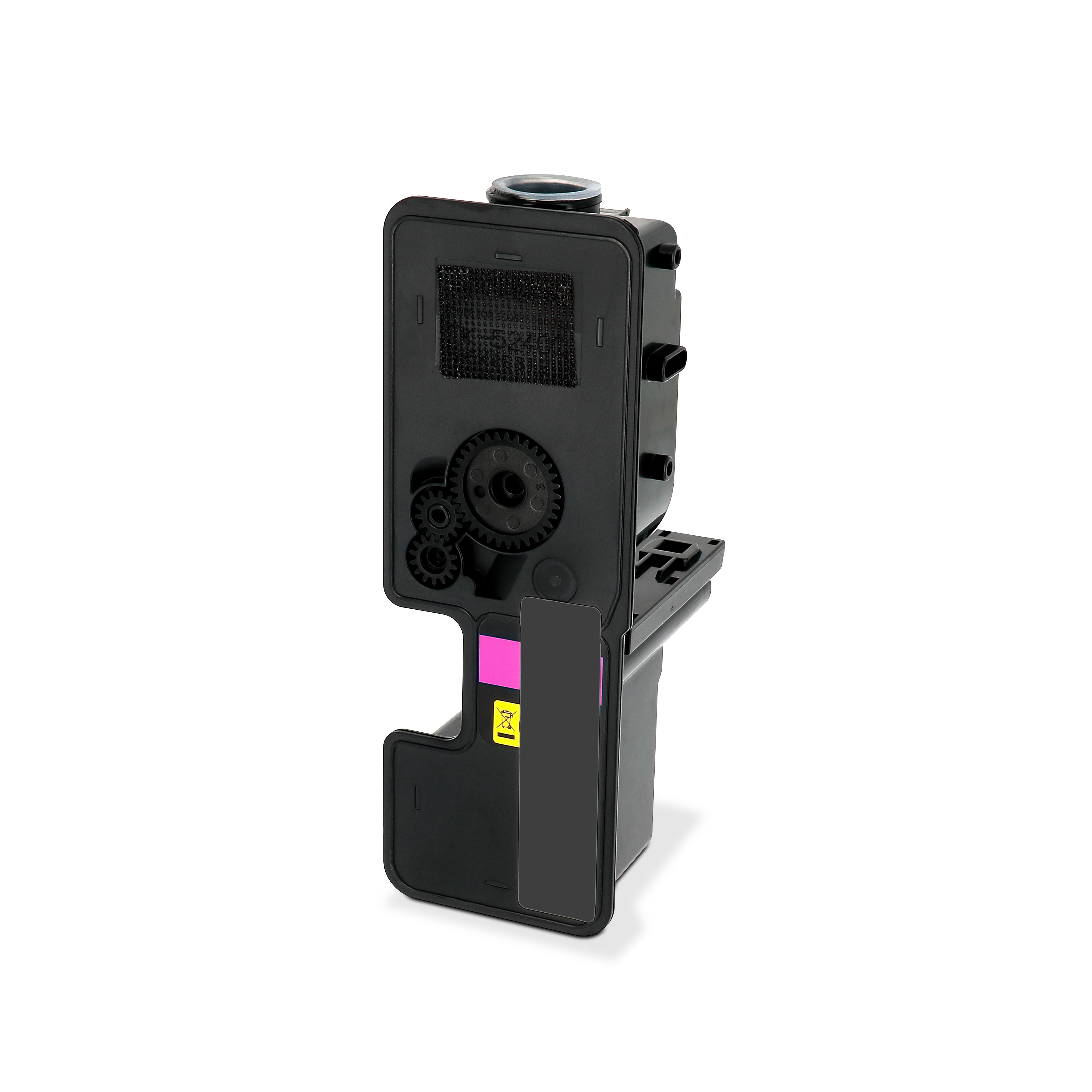 Una cartuccia toner nera per stampante. Ha ingranaggi, una sezione rosa e una copertura nera. È su sfondo bianco.