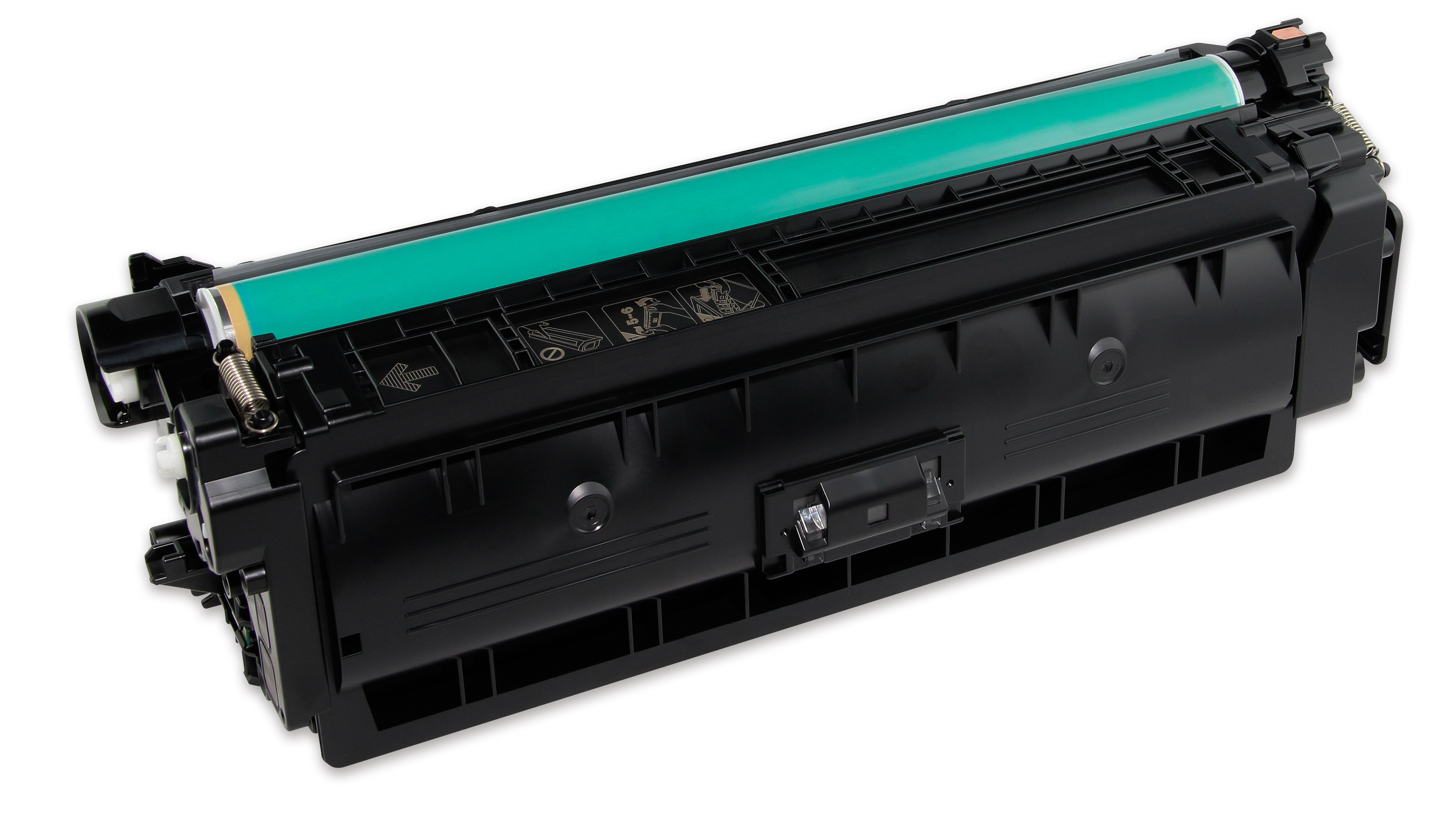 Una cartuccia toner nera per stampante. Ha un rullo verde e vari componenti meccanici. La cartuccia è su sfondo bianco.