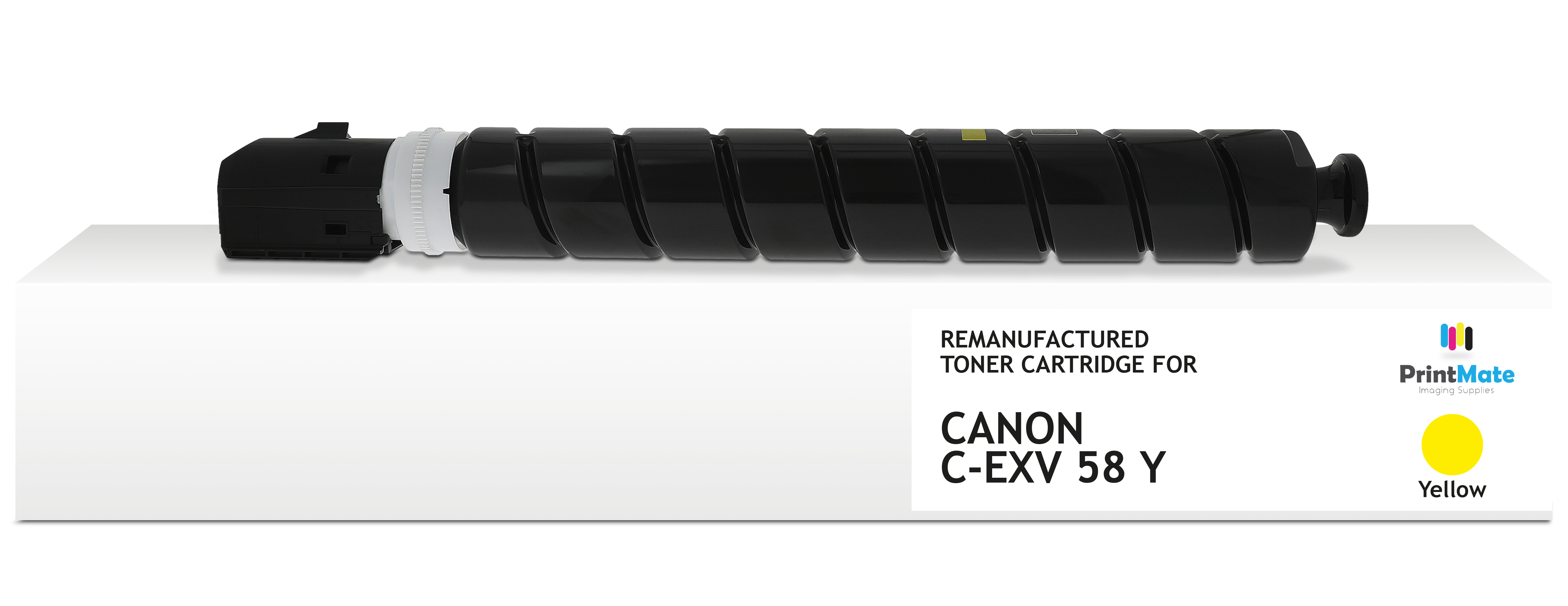 Una cartuccia toner nera per Canon, con accenti bianchi e gialli, su una scatola bianca. Testo: 'REMANUFACTURED TONER CARTRIDGE FOR CANON C-EXV 58 Y'.
