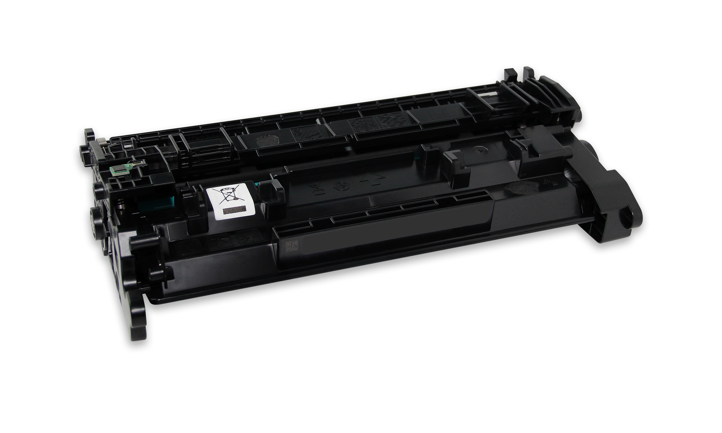 Cartuccia toner nera per stampante su sfondo bianco. Ha una forma complessa con varie parti in plastica ed etichette.