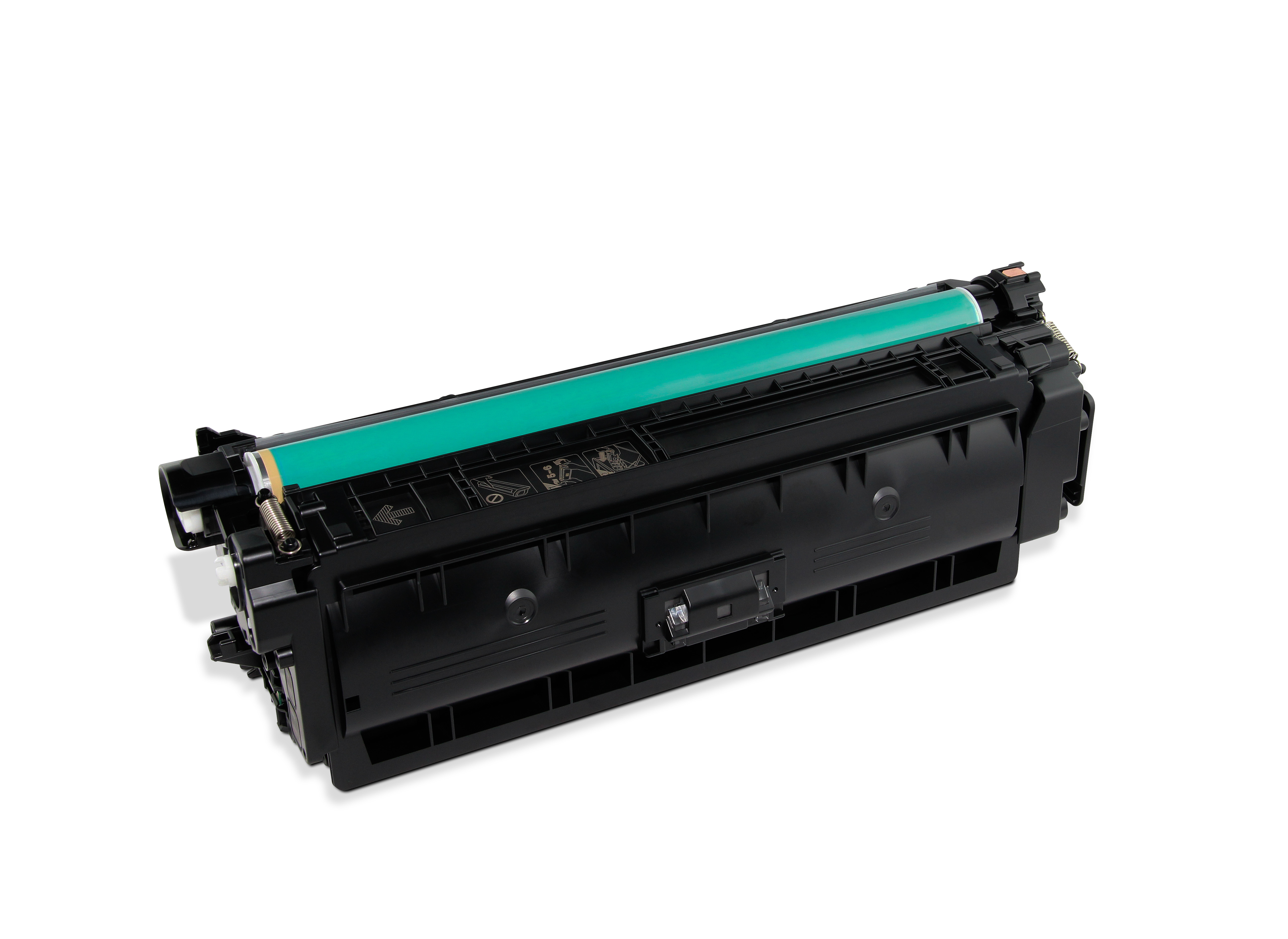 Una cartuccia toner nera con rullo verde su sfondo bianco. È un accessorio per stampanti.