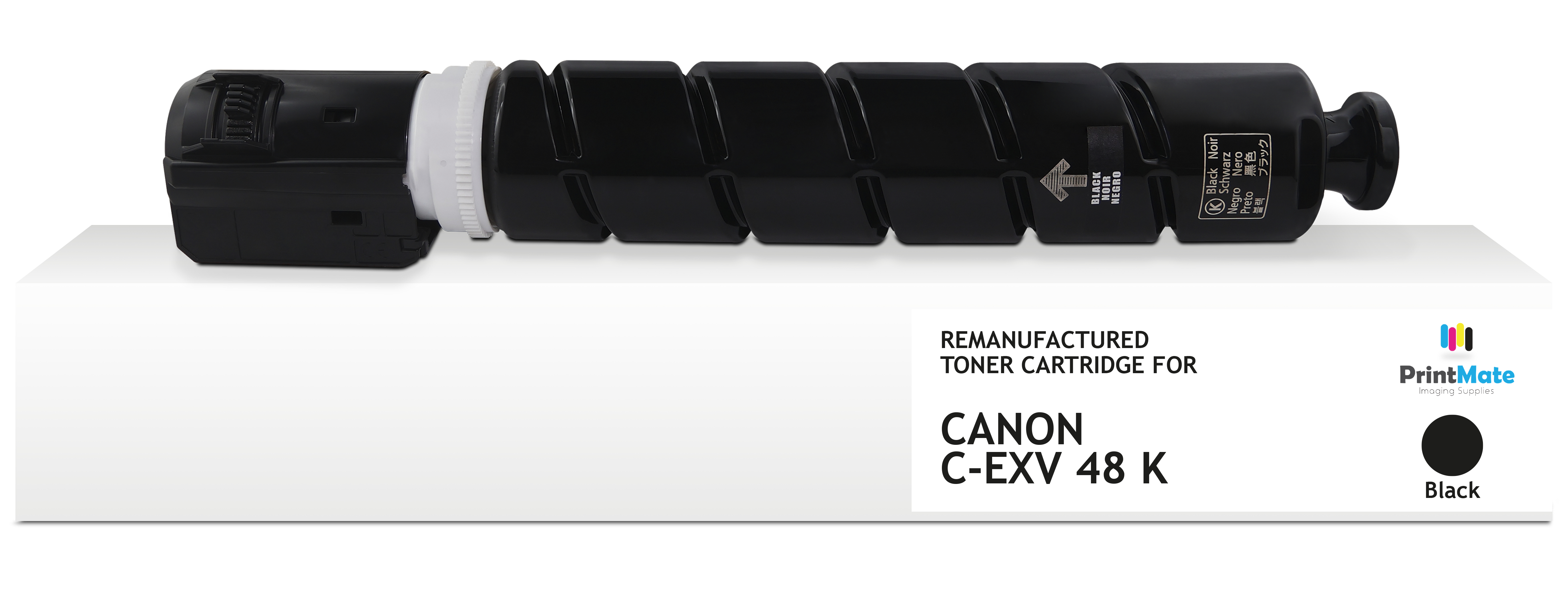 Cartuccia toner nera per stampante Canon. È su una scatola bianca con il logo 'PrintMate'.