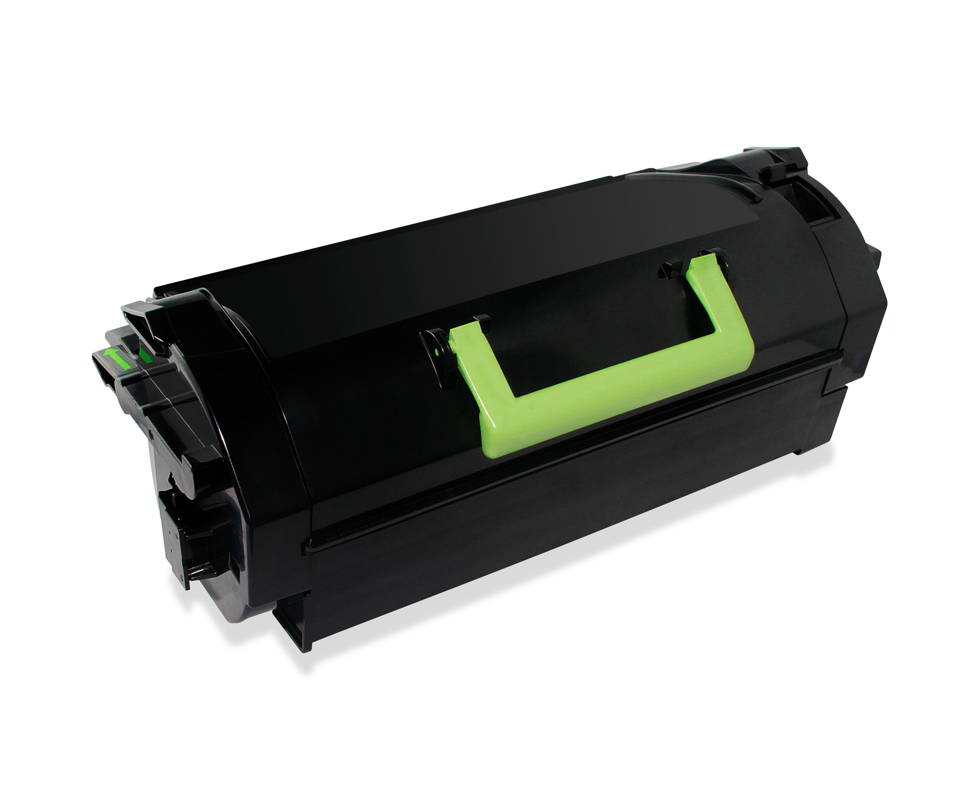Una cartuccia toner nera con maniglia verde. Su sfondo bianco, con ombra.