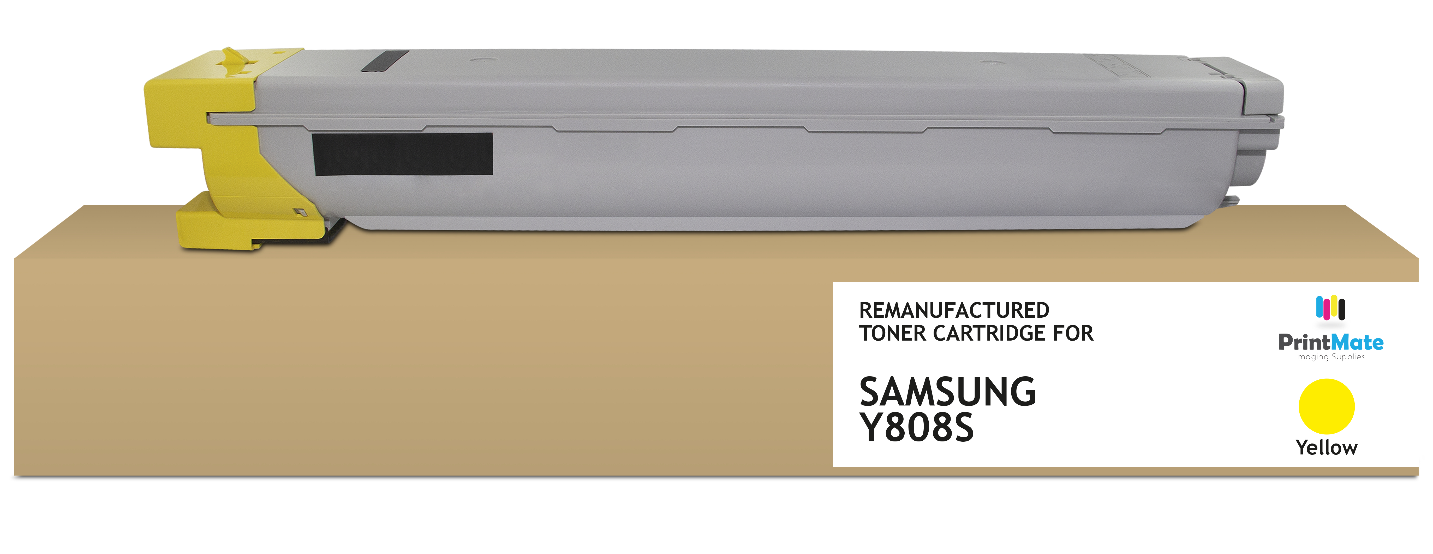 Una cartuccia toner grigia e gialla per Samsung Y808S è su una scatola marrone. Le etichette indicano 'Cartuccia toner rigenerata'.