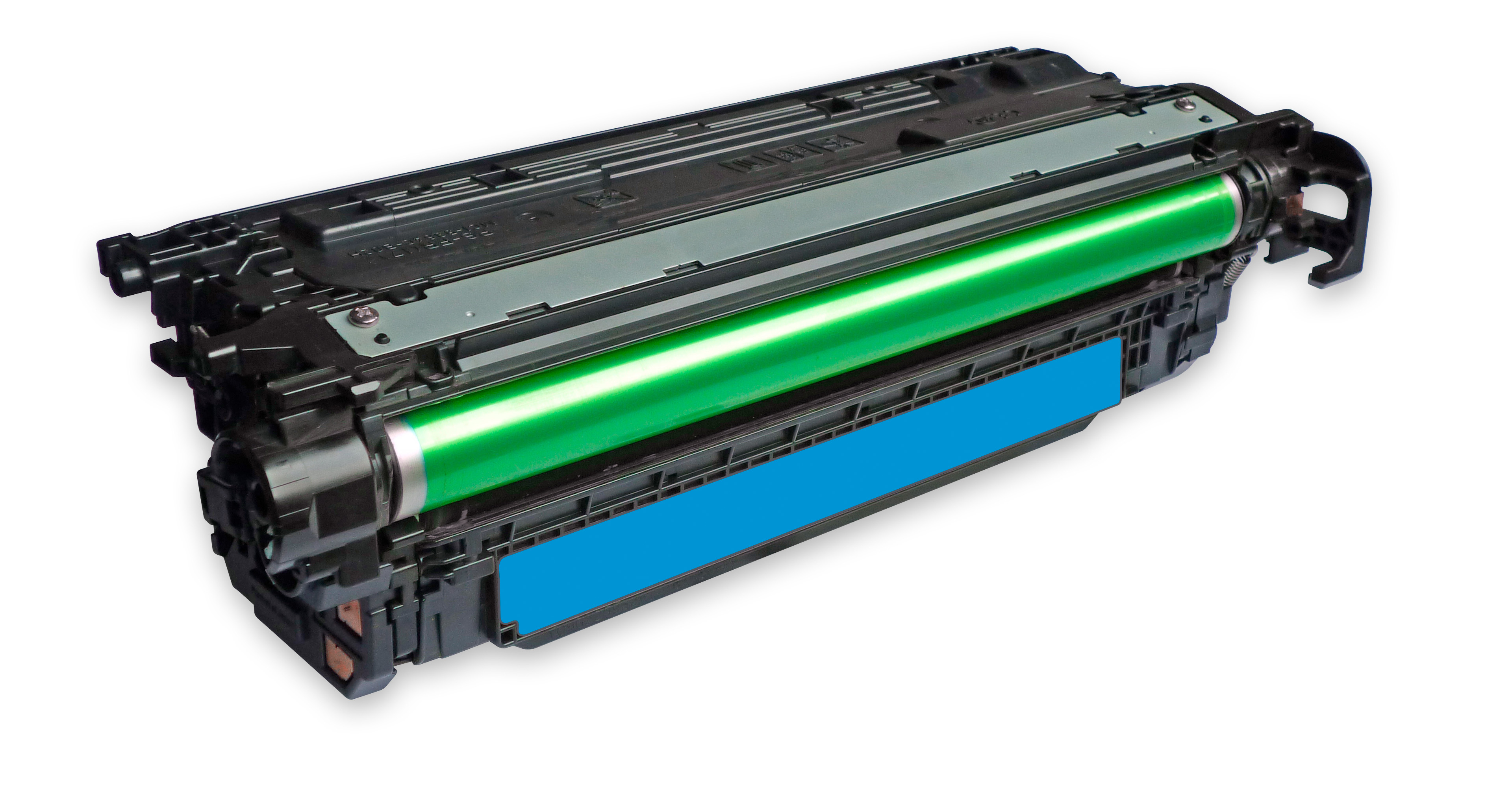 Una cartuccia toner per stampante aperta. Ha un rullo verde e un'etichetta blu. La cartuccia è nera e grigia.