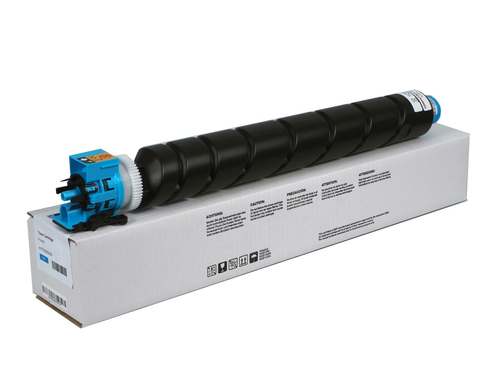 Una cartuccia toner nera con parti blu e bianche si trova su una scatola bianca. Il testo in più lingue è visibile.