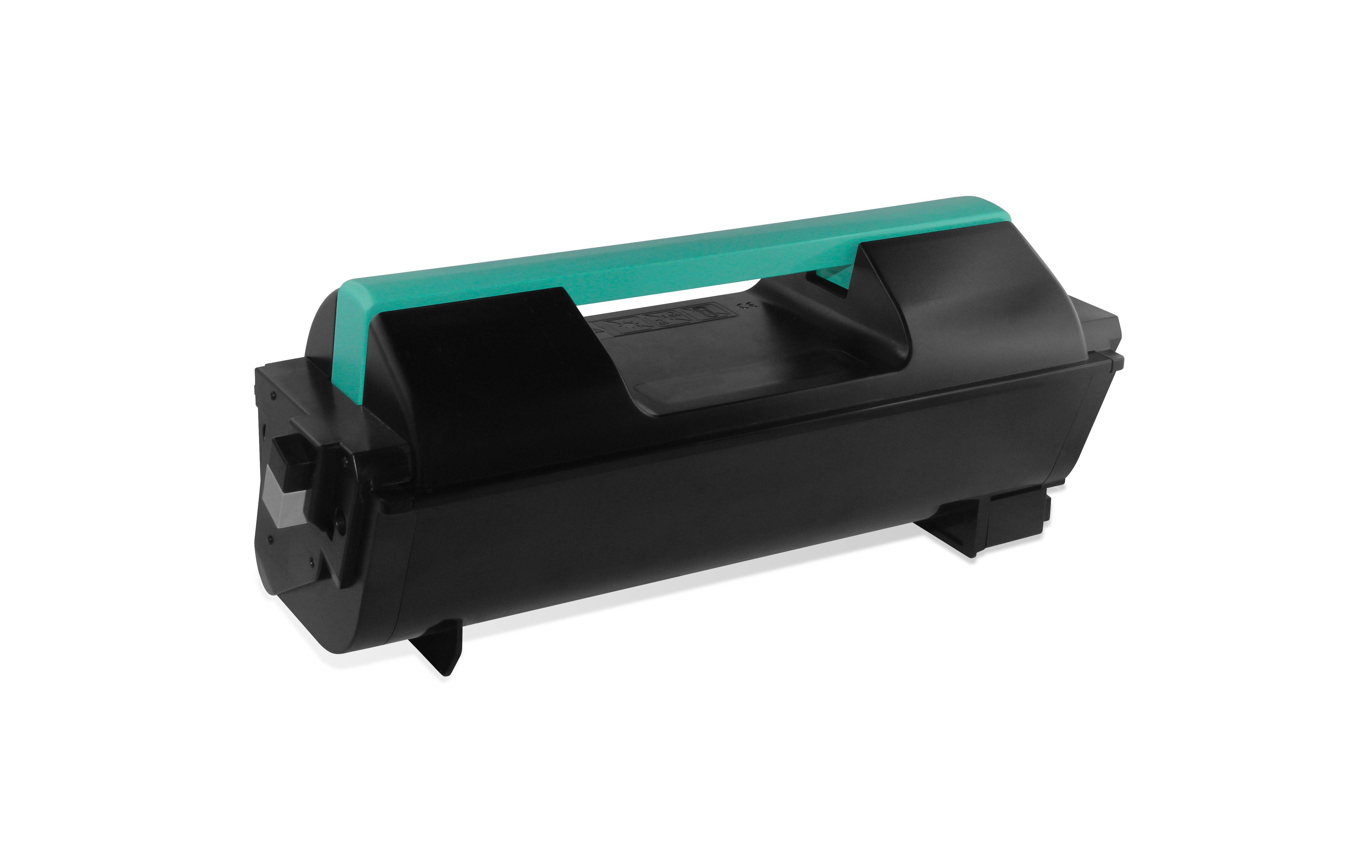 Cartuccia toner nera e verde acqua su sfondo bianco. Ha una maniglia verde acqua ed è per lo più nera.