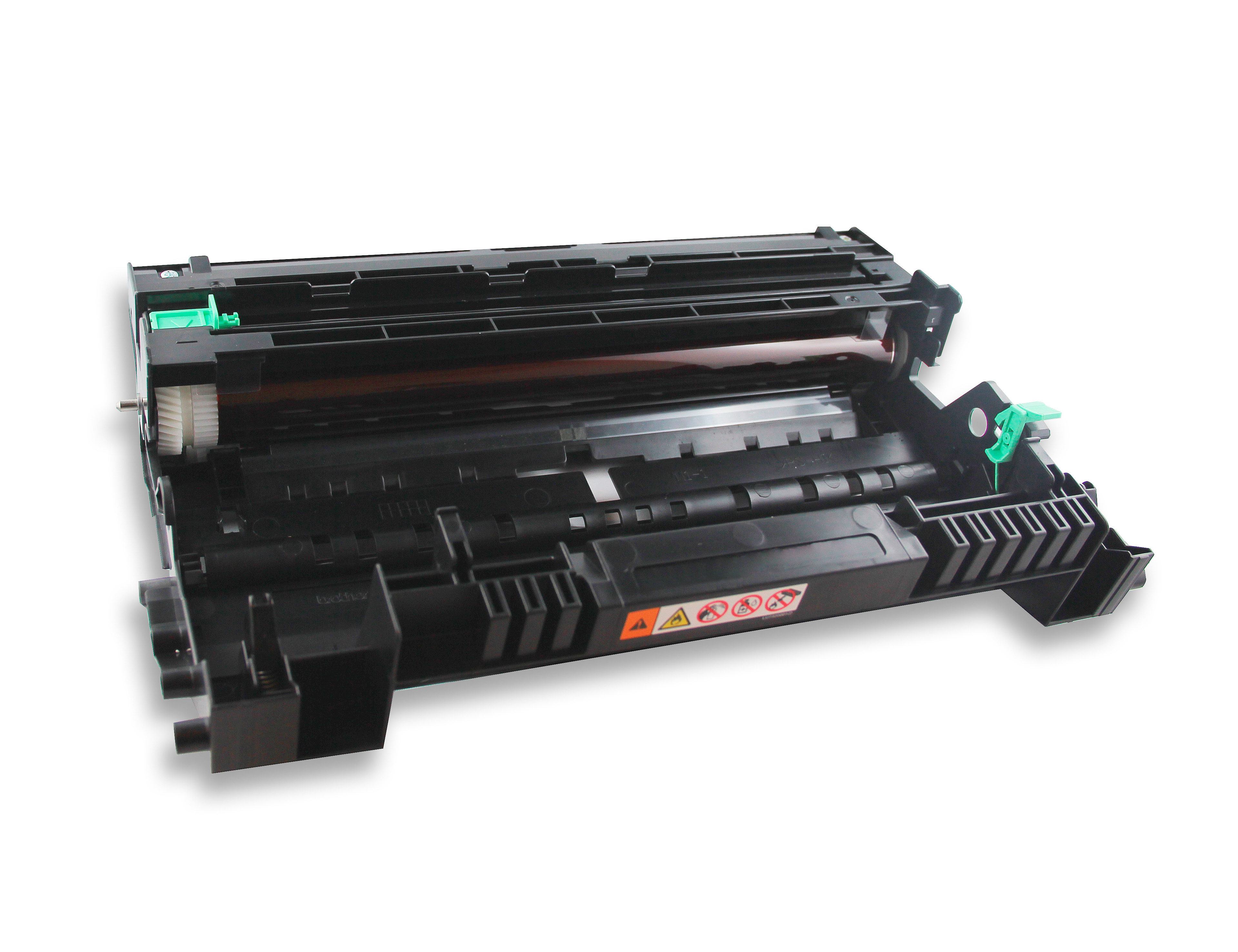 Una cartuccia toner nera per stampante. Sono visibili delle leve verdi. Lo sfondo è bianco.