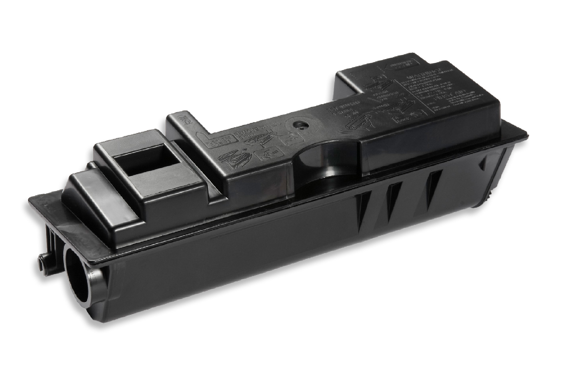 Cartuccia toner per stampante nera su sfondo bianco. Contiene istruzioni e varie forme.