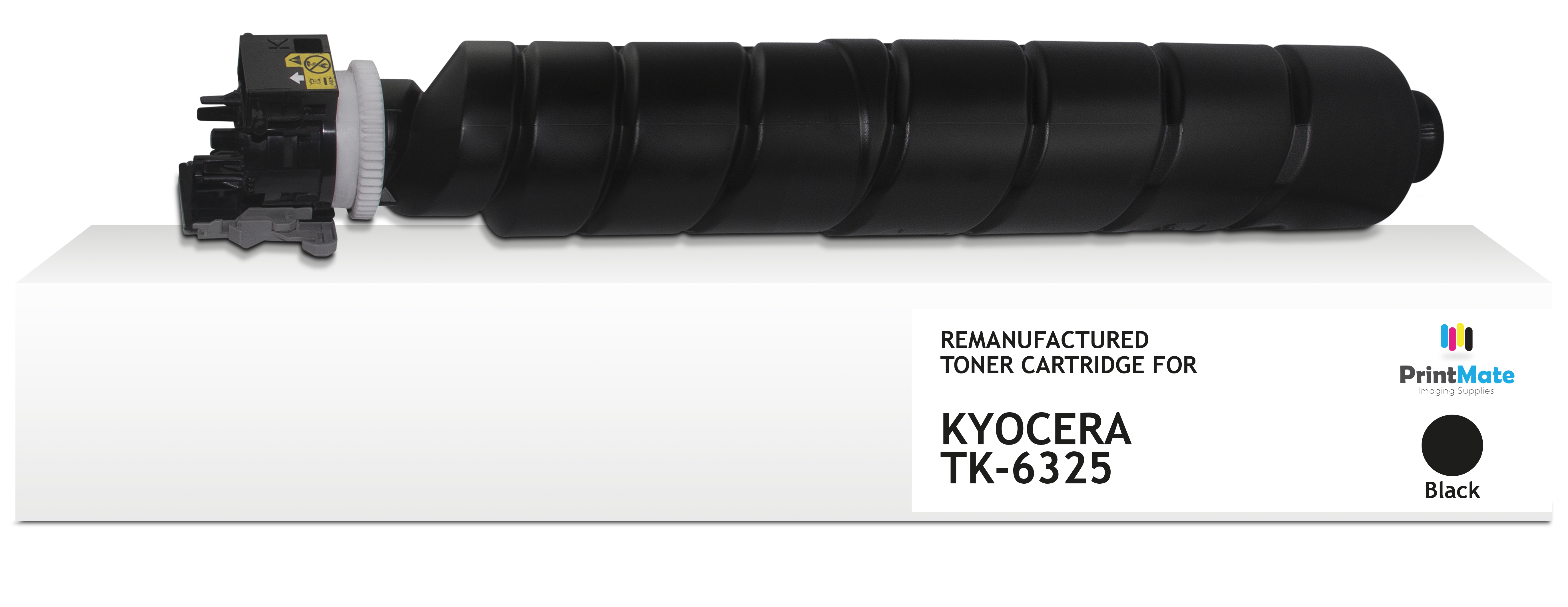 Una cartuccia toner nera per Kyocera TK-6325. La cartuccia è su una superficie bianca con il logo 'PrintMate'.
