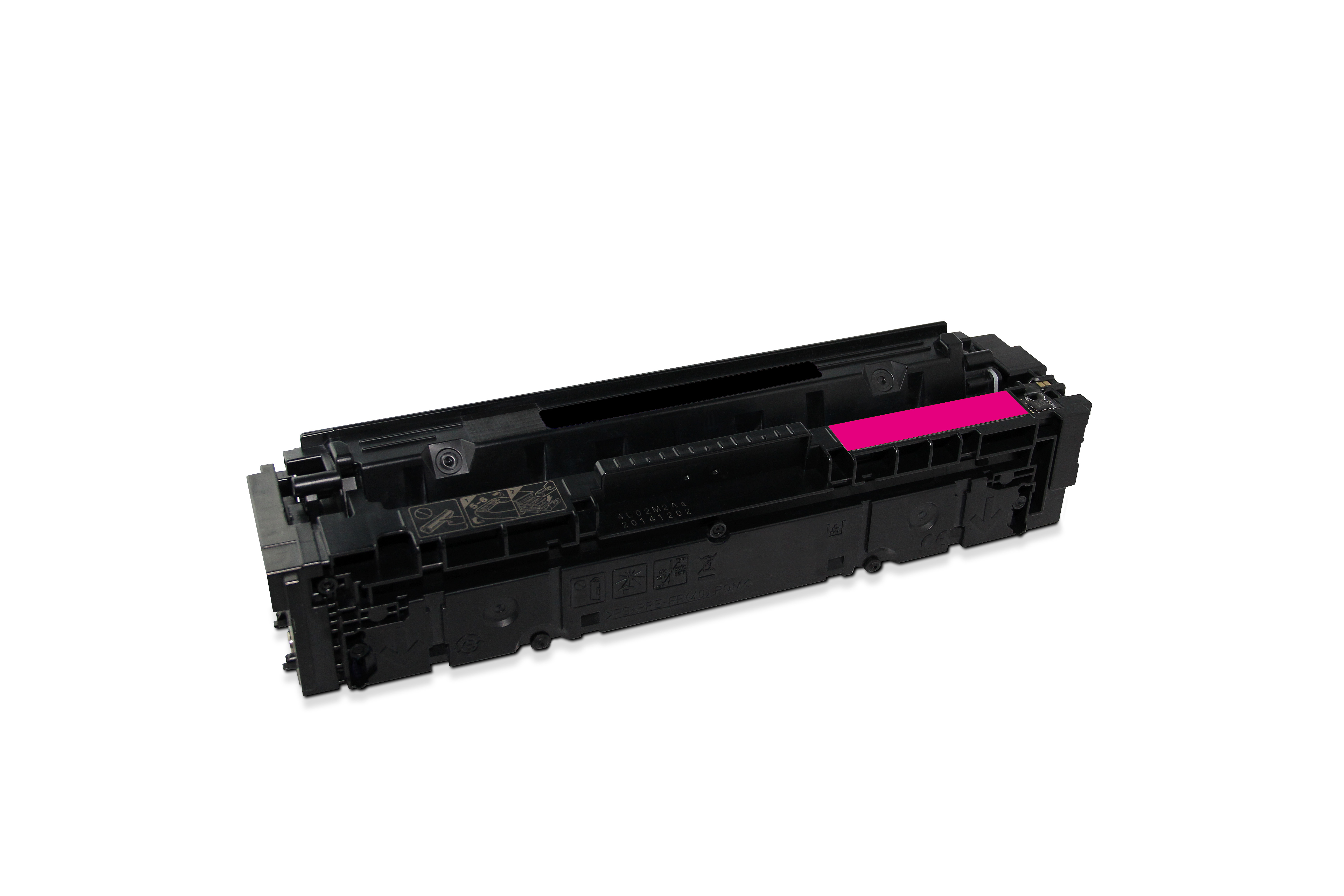 Una cartuccia toner nera e rosa su sfondo bianco. L'area rosa si trova sul lato destro.