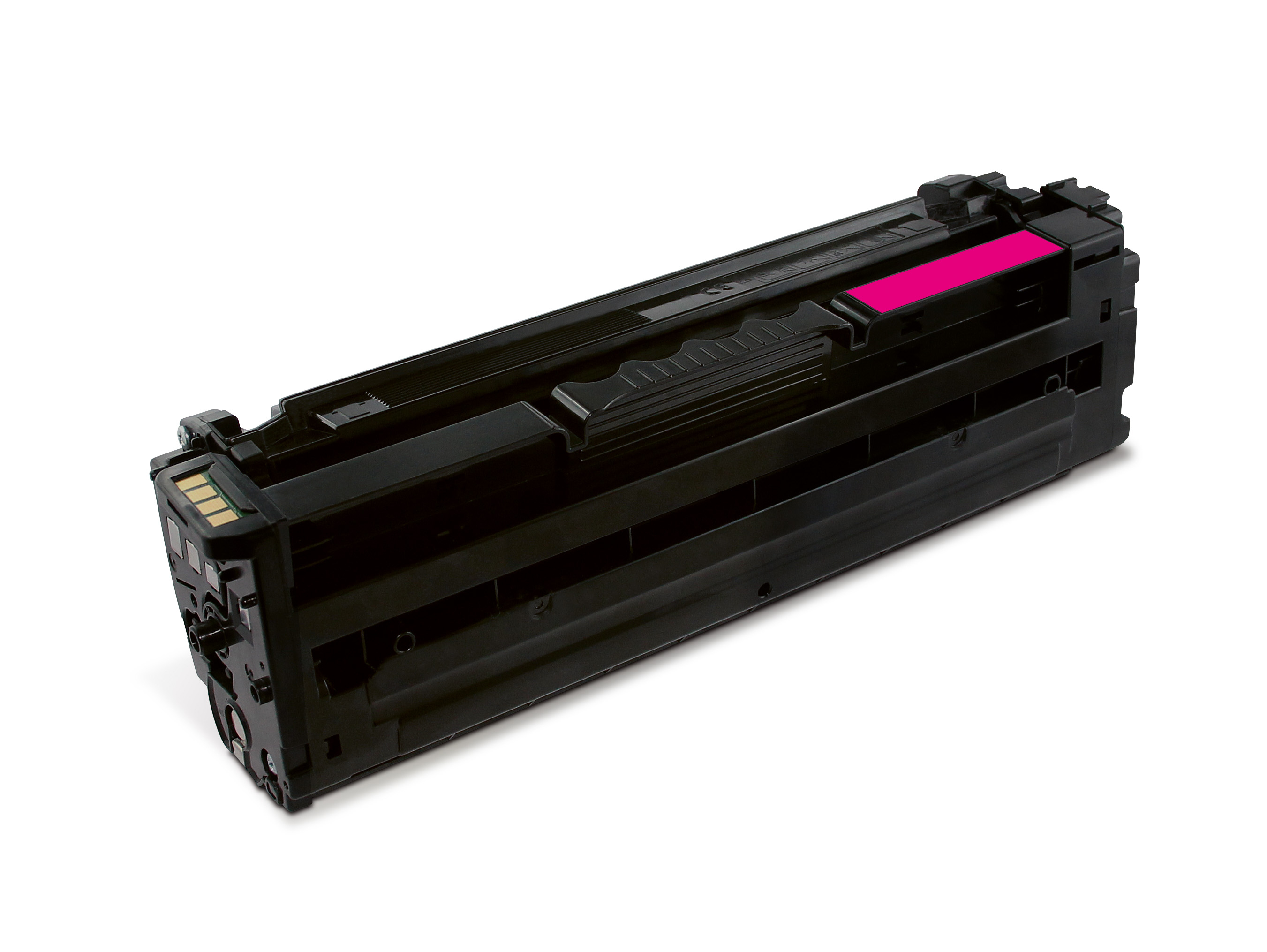 Una cartuccia toner nera con una sezione rosa, isolata su sfondo bianco.