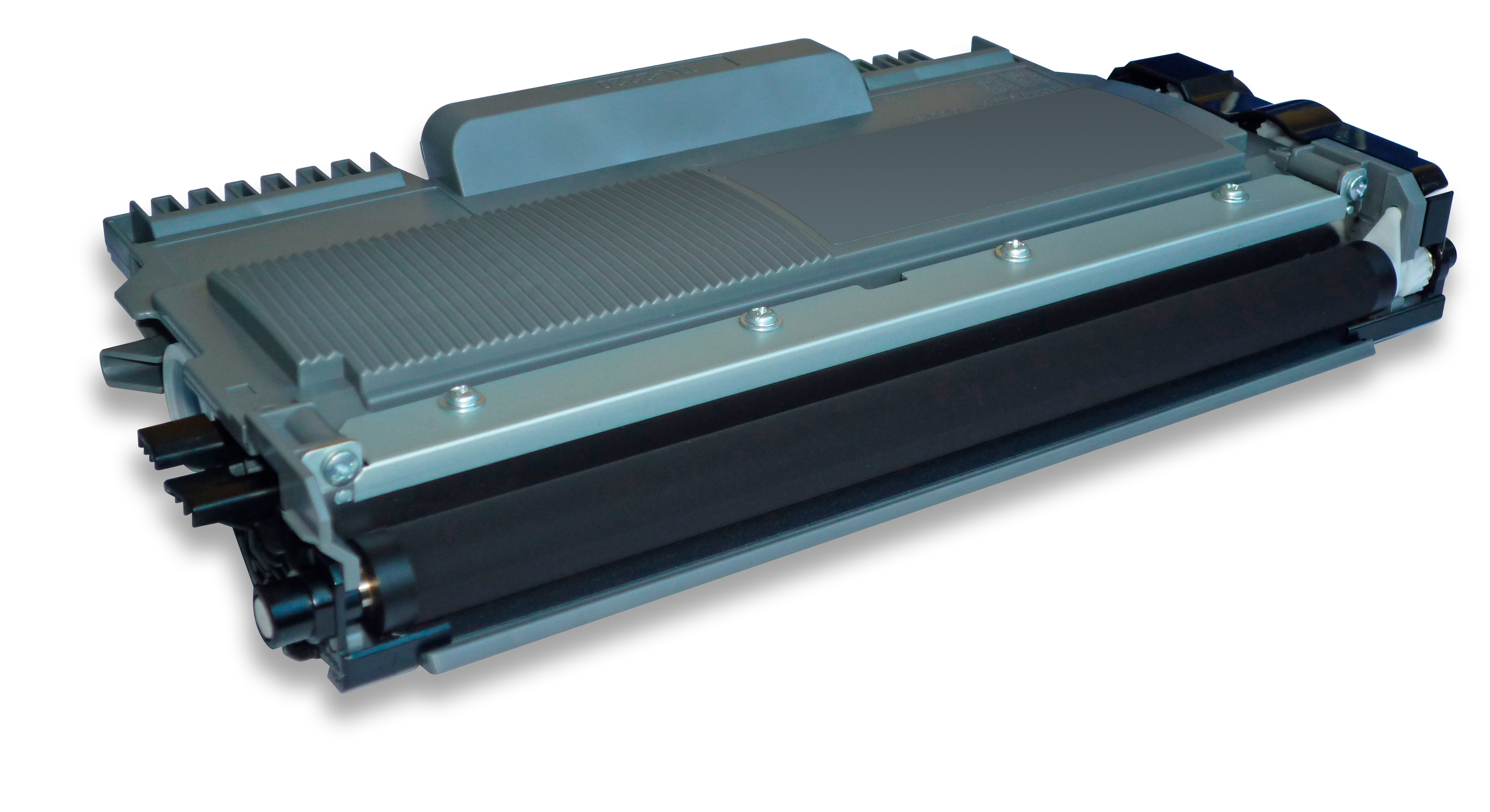 Una cartuccia toner per stampante. È grigia e nera. Ha un rullo di gomma nero cilindrico e componenti metallici.