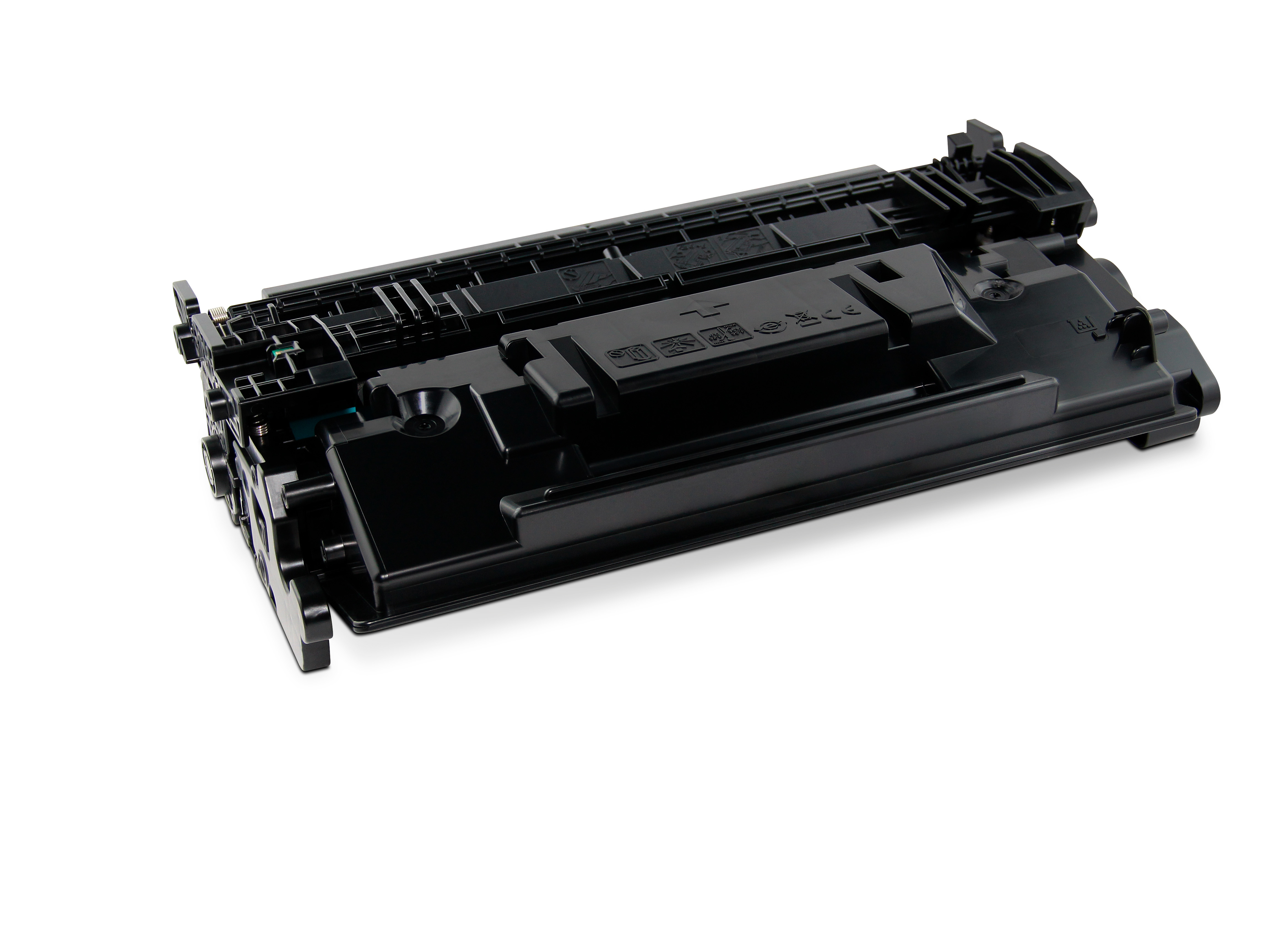 Una cartuccia toner nera per stampante su sfondo bianco. La cartuccia presenta dettagli meccanici e marcature.