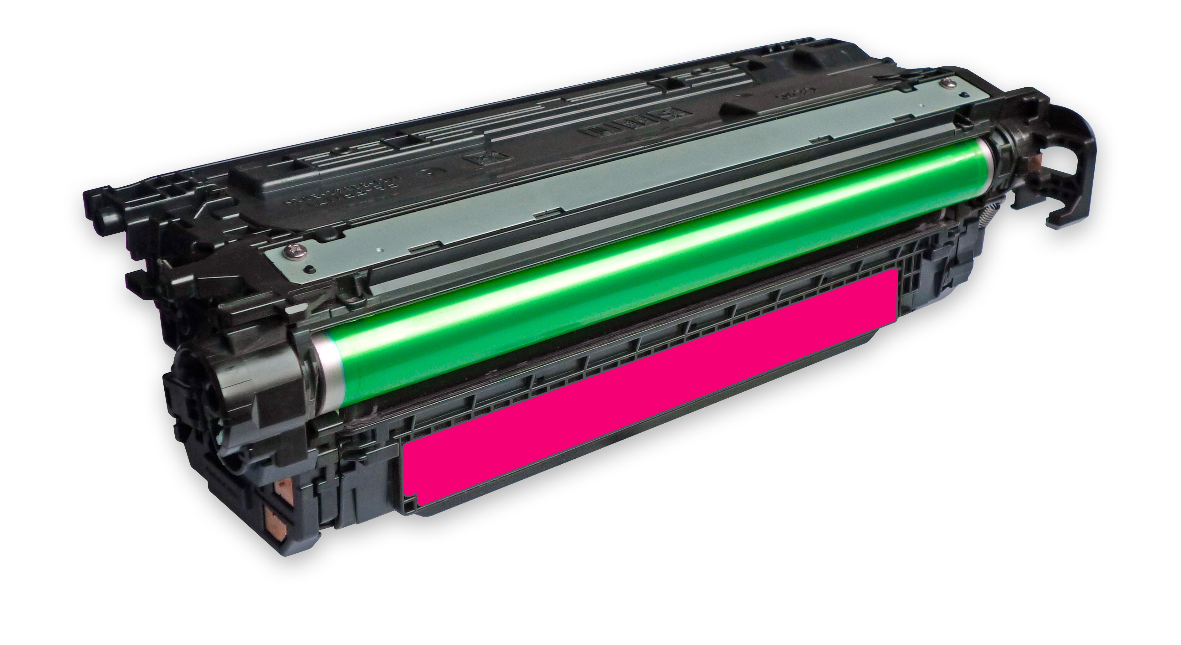 Una cartuccia toner per stampante. Ha un rullo verde e una sezione rosa. L'involucro esterno è nero.