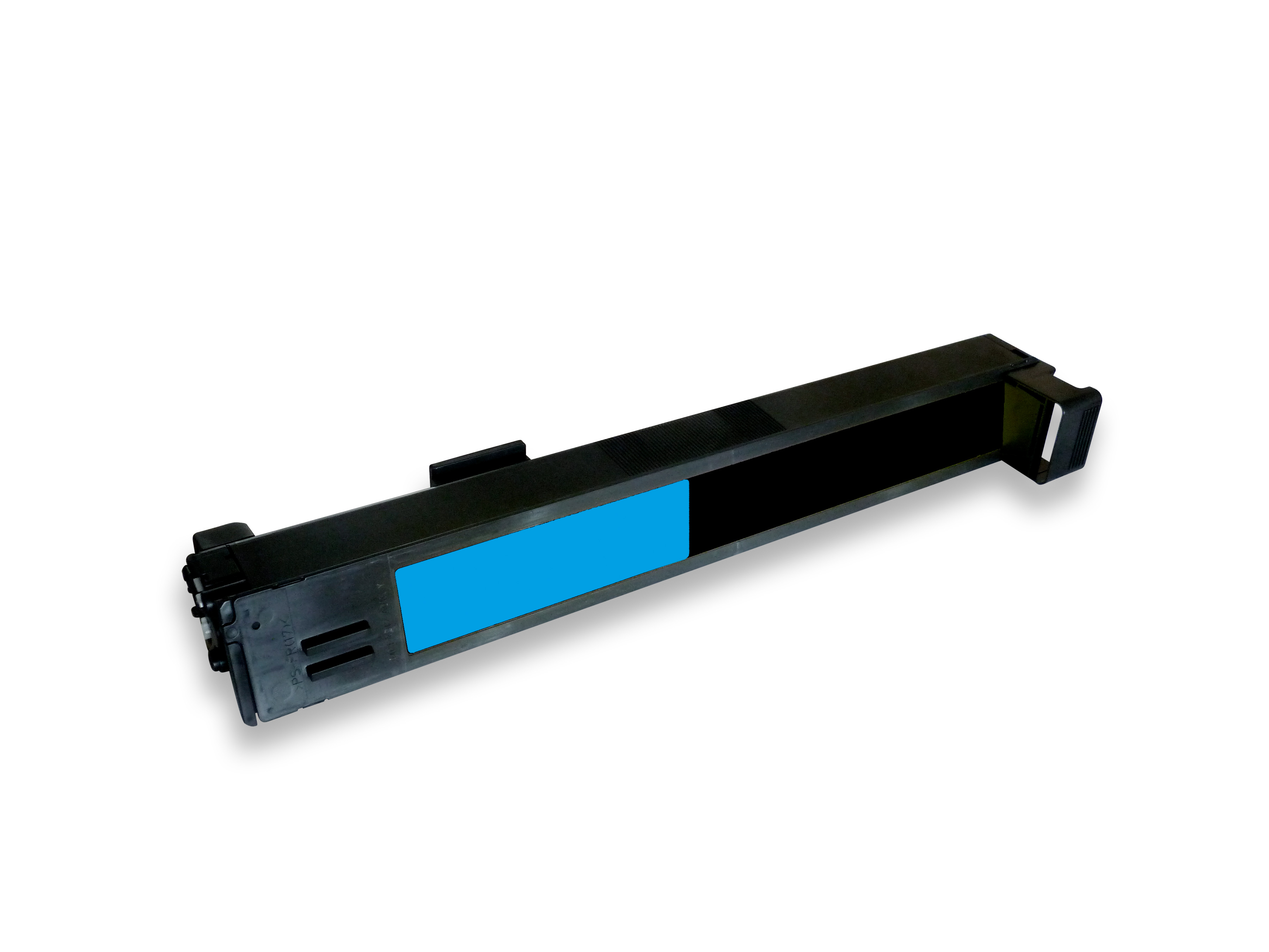 Cartuccia toner nera e blu su bianco. La cartuccia è rettangolare con una sezione blu.