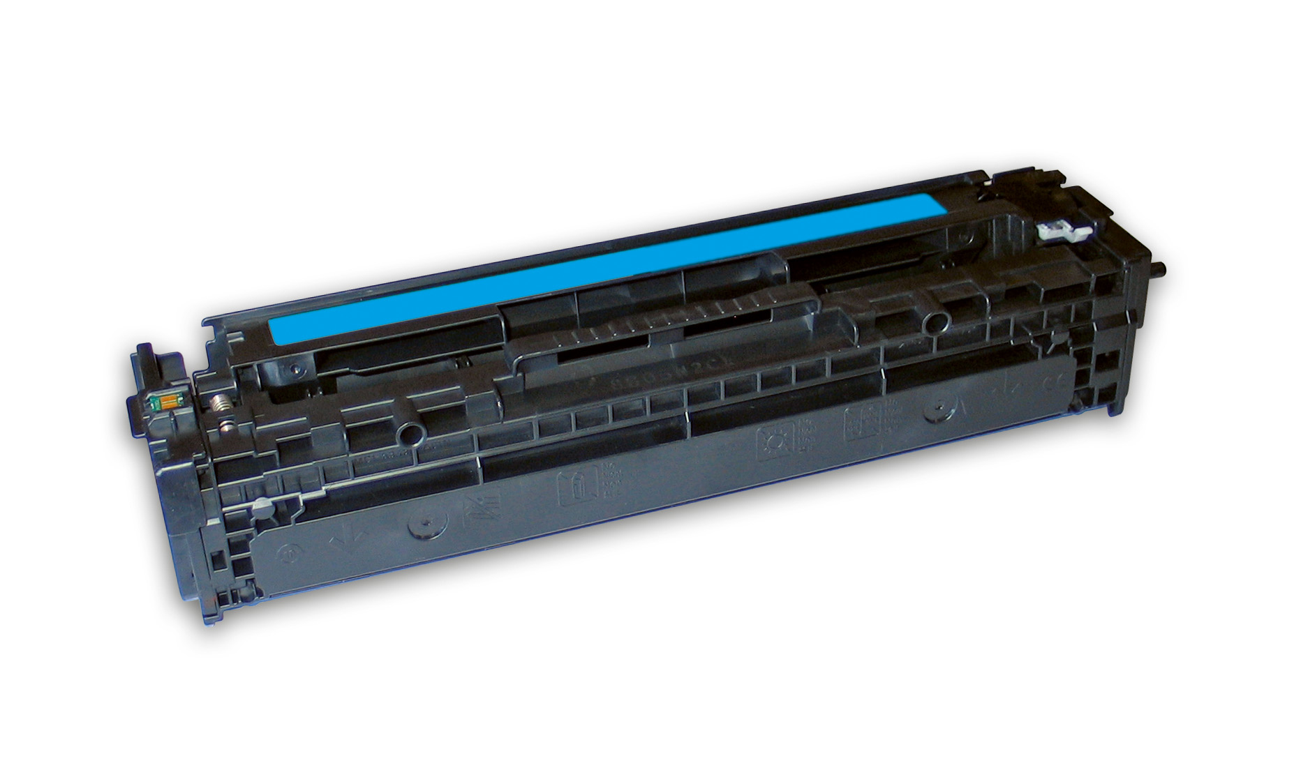 Una cartuccia toner nera con una striscia ciano. La cartuccia è su sfondo bianco, angolata verso lo spettatore.