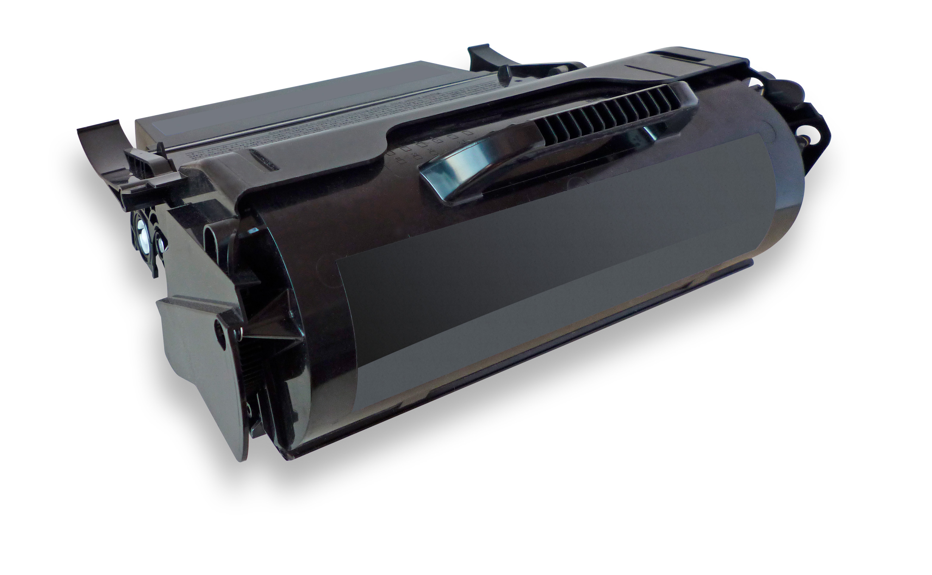 Cartuccia toner nera su sfondo bianco. Forma rettangolare con dettagli, maniglia e sfiato.