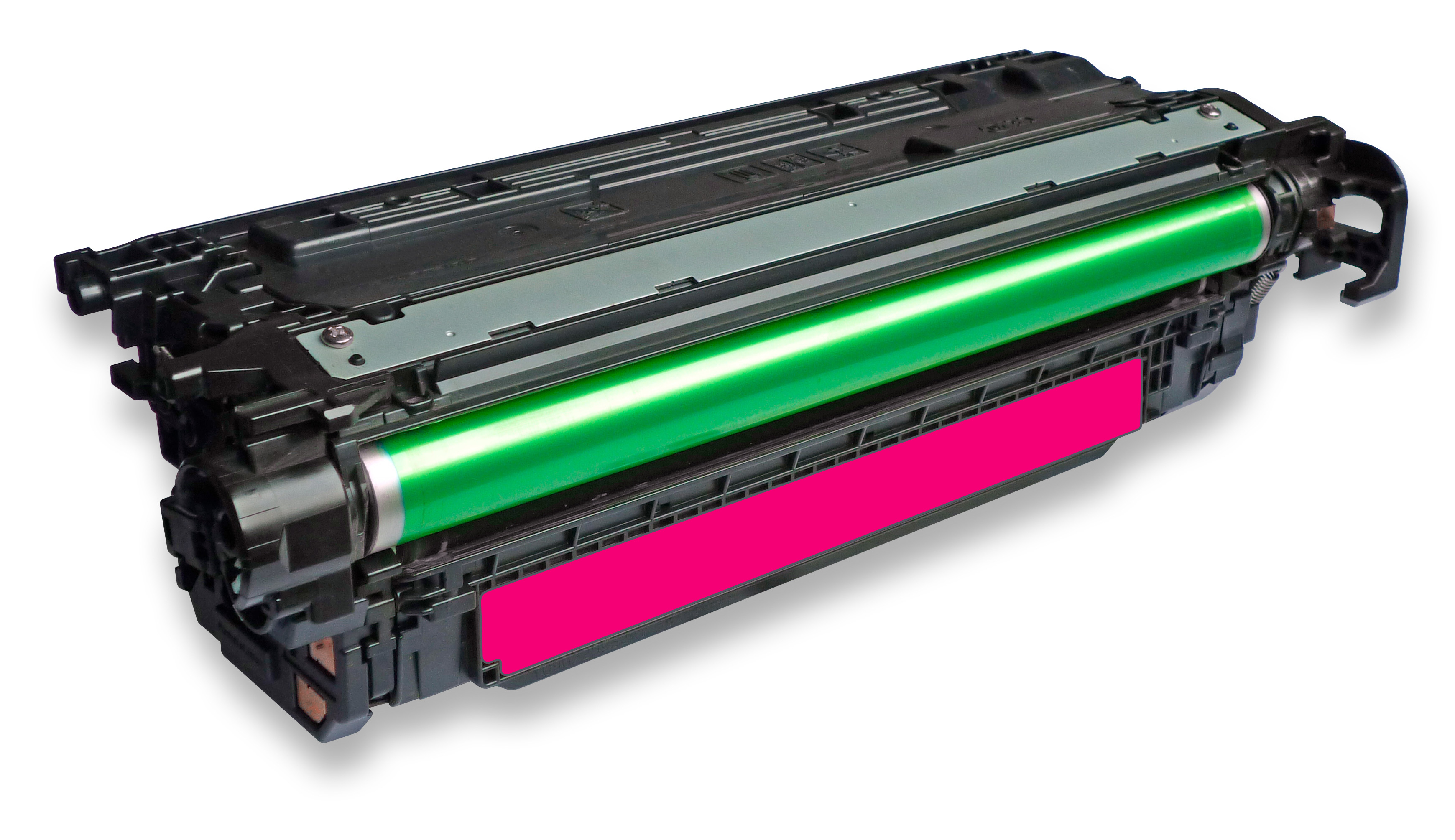 Una cartuccia toner per stampante. È nera con un cilindro verde e una sezione rosa, su sfondo bianco.