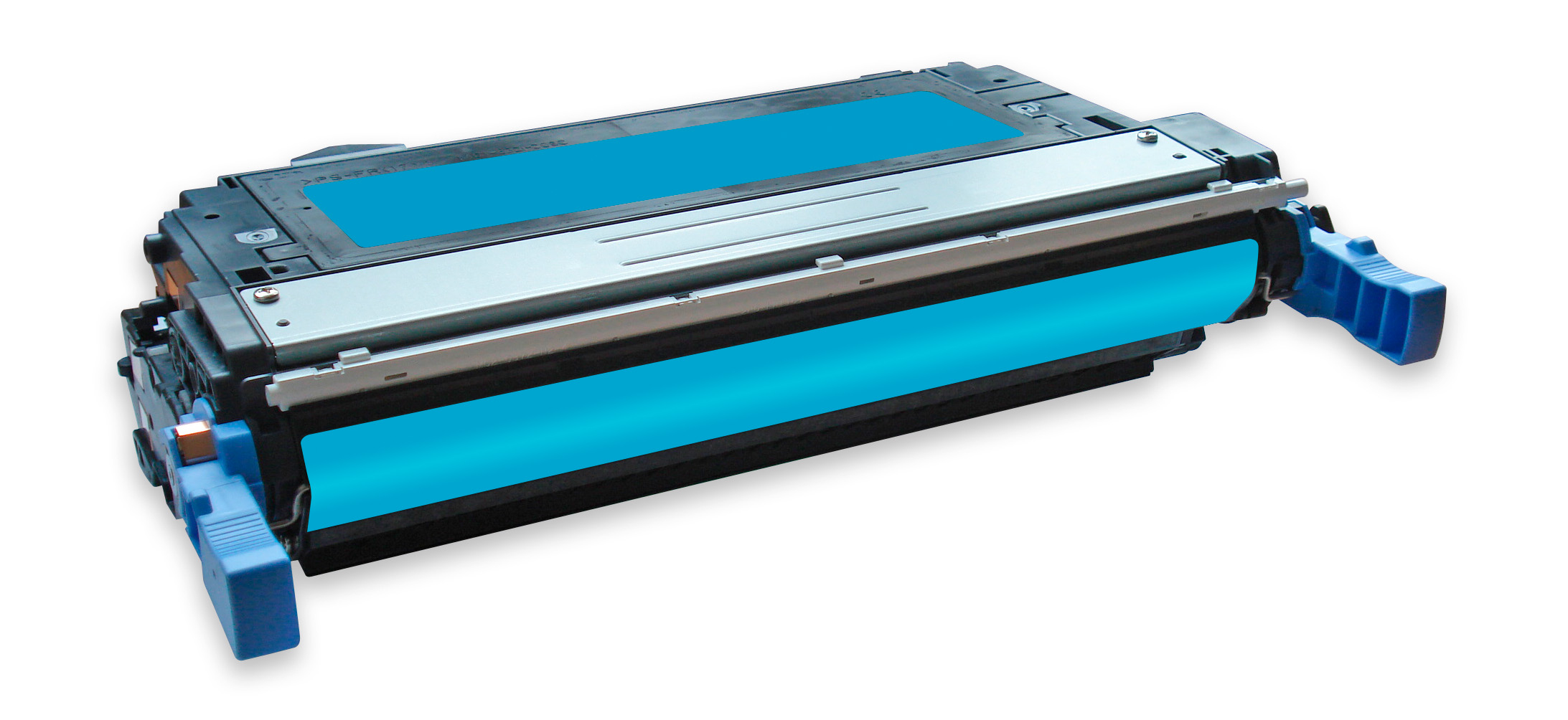 Una cartuccia toner ciano è mostrata con uno sfondo bianco. Ha componenti neri, argentati e blu. L'area ciano è visibile.