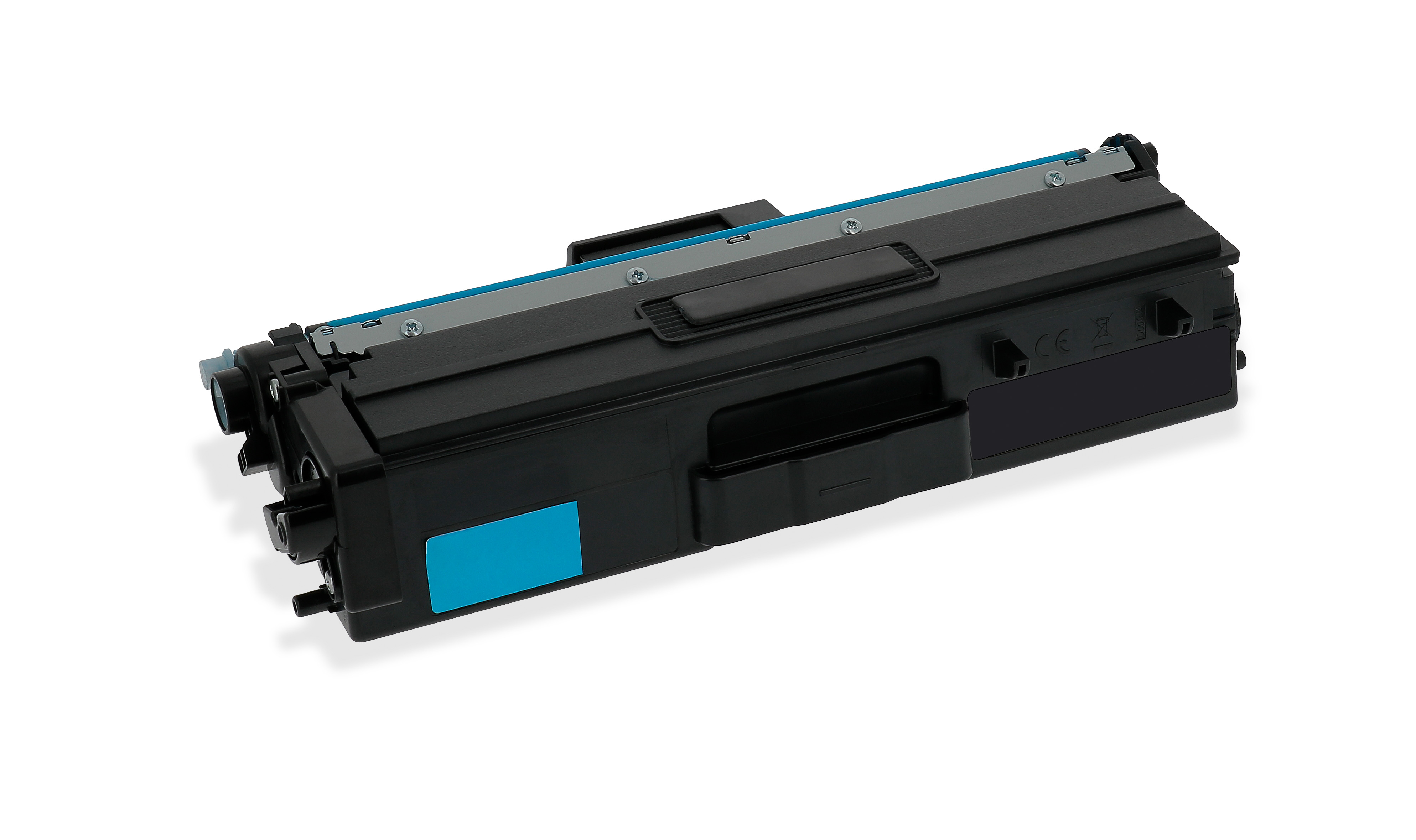 Una cartuccia toner nera su sfondo bianco. Ha una striscia ciano e un'etichetta ciano.