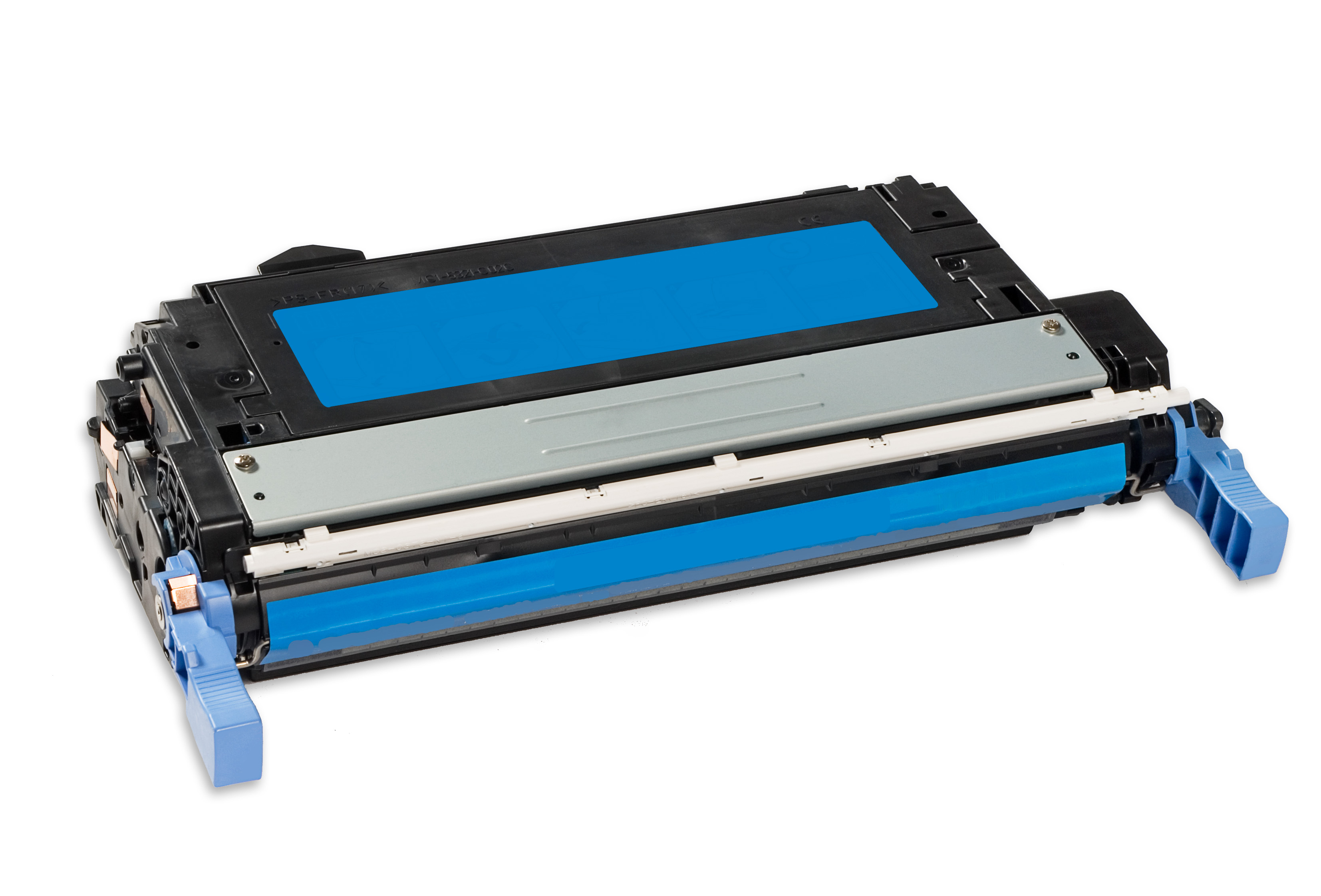 Una cartuccia toner per stampante. È nera e grigia con componenti blu e una striscia di toner blu.