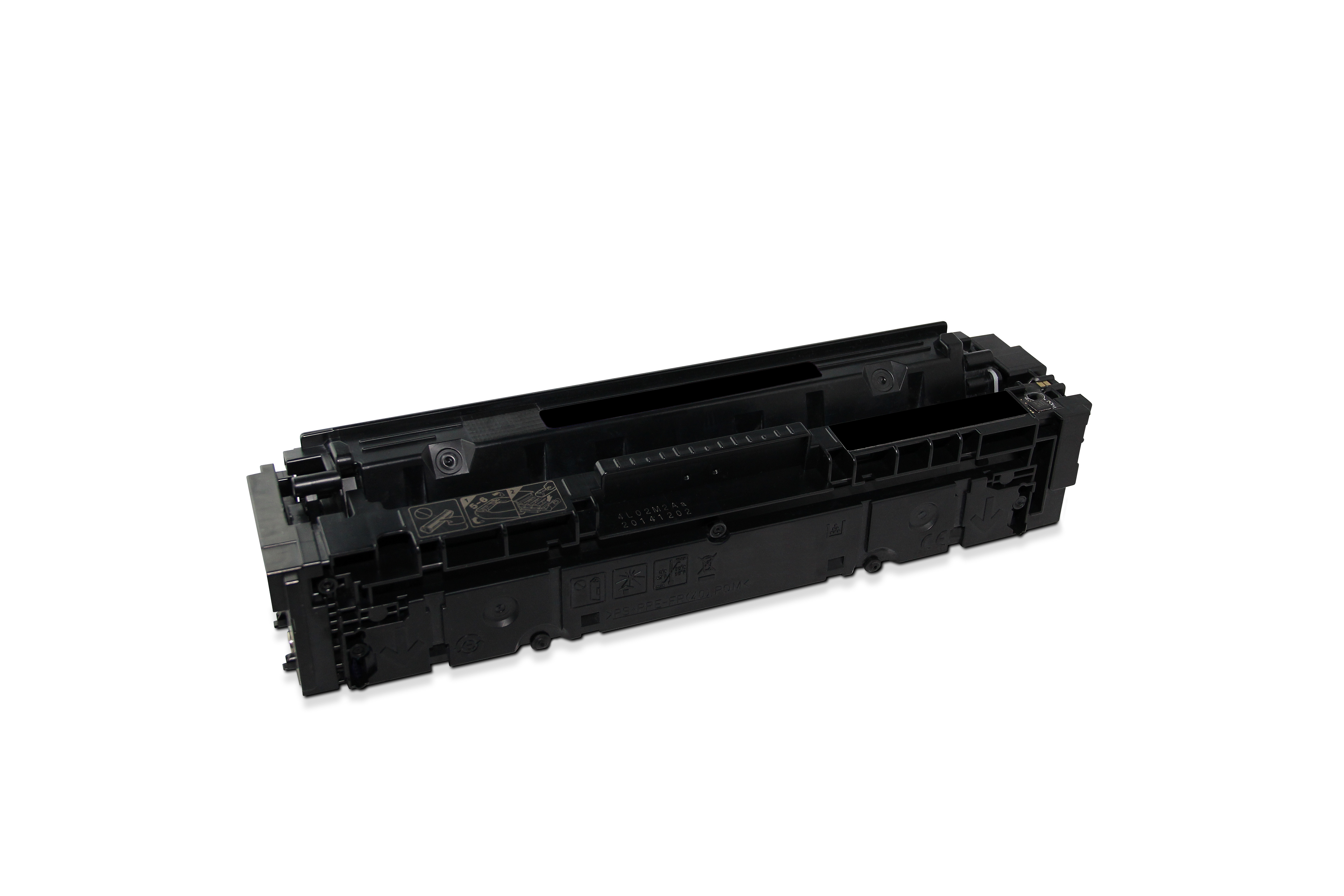 Una cartuccia toner nera, angolata su sfondo bianco. Presenta vari segni e forma rettangolare.
