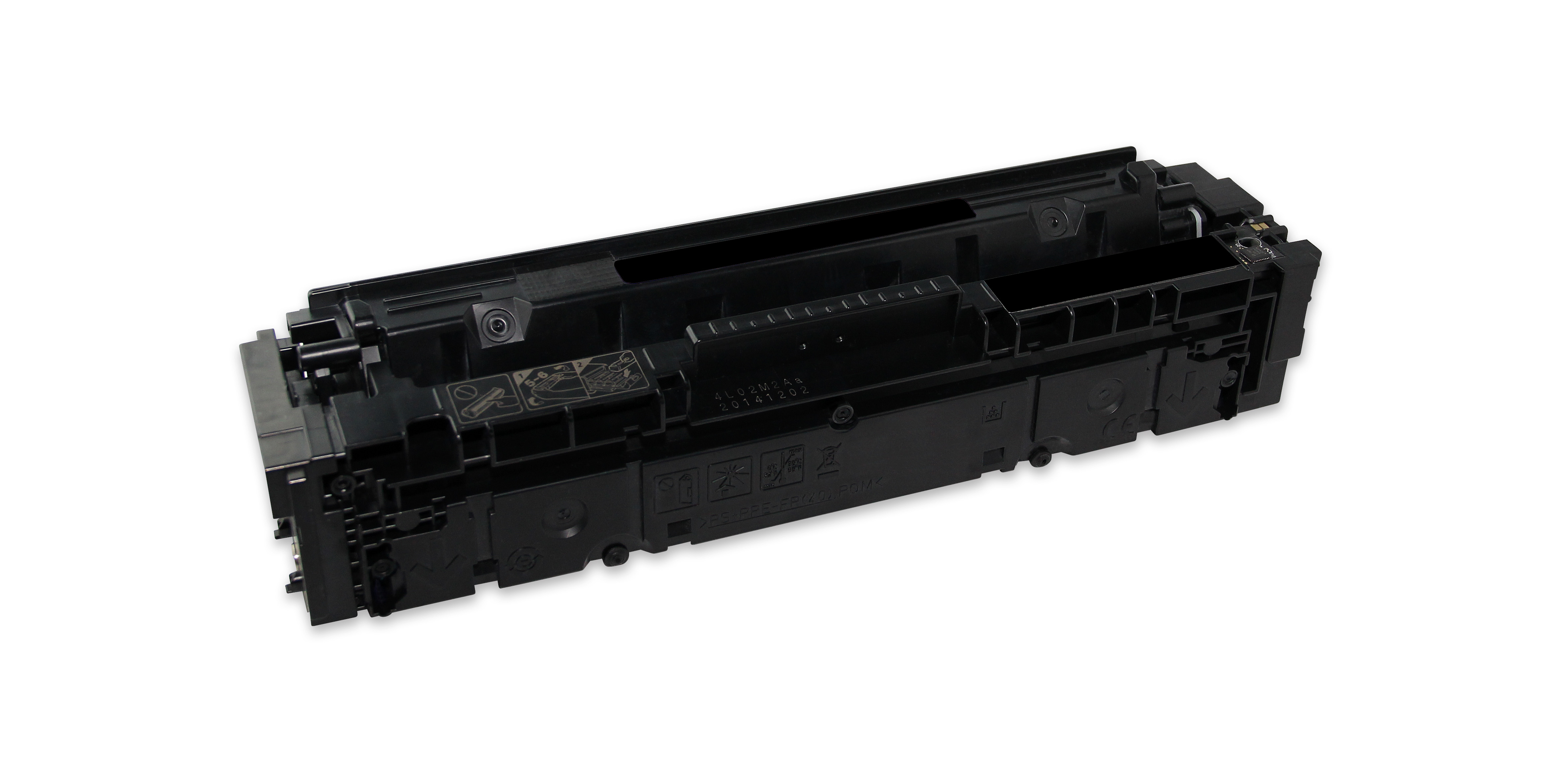 Una cartuccia toner nera per stampante su sfondo bianco. Presenta vari scomparti e contrassegni.