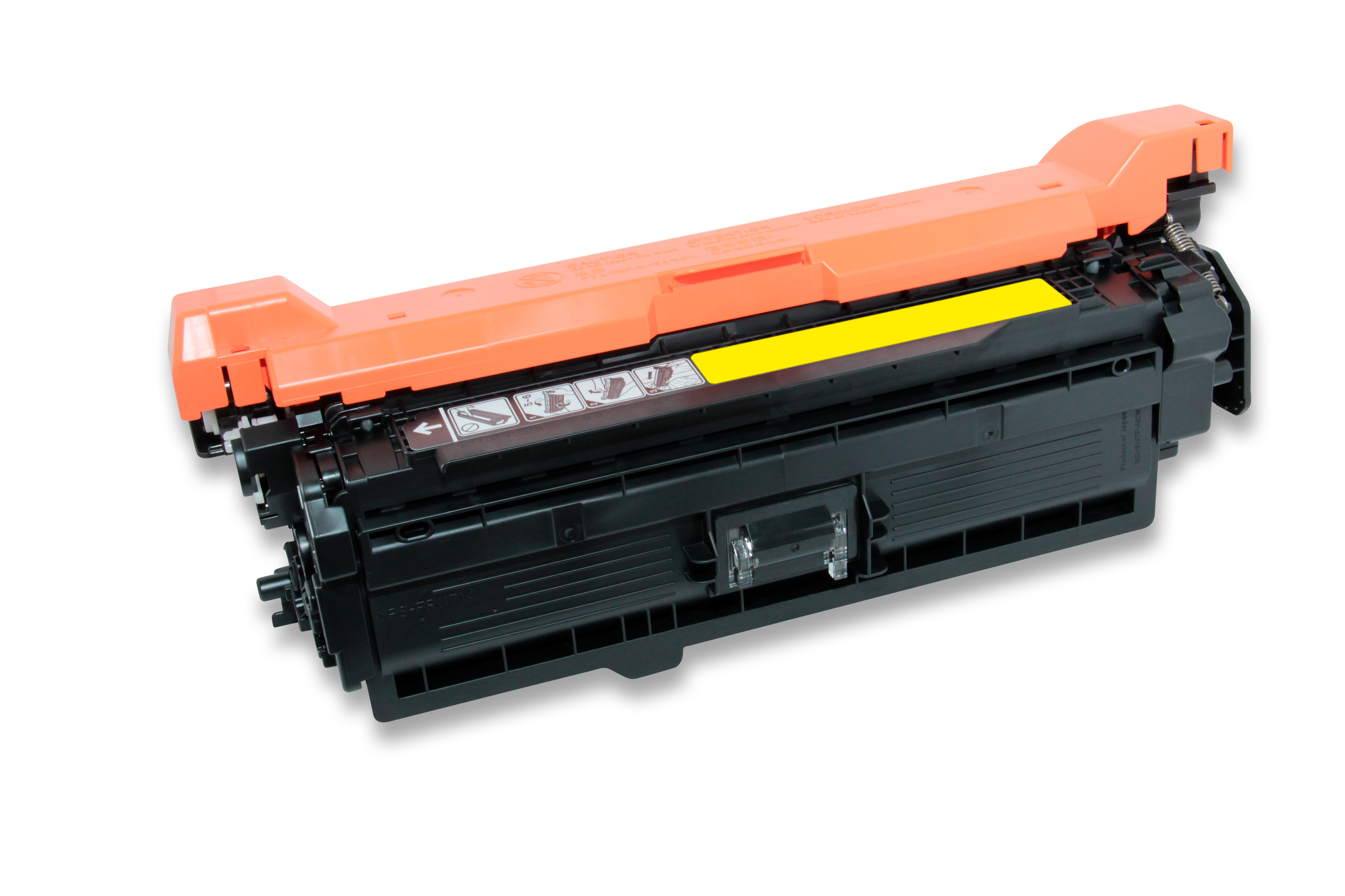 Una cartuccia toner arancione e nera su sfondo bianco. Visibile un'etichetta gialla. La cartuccia è leggermente inclinata.