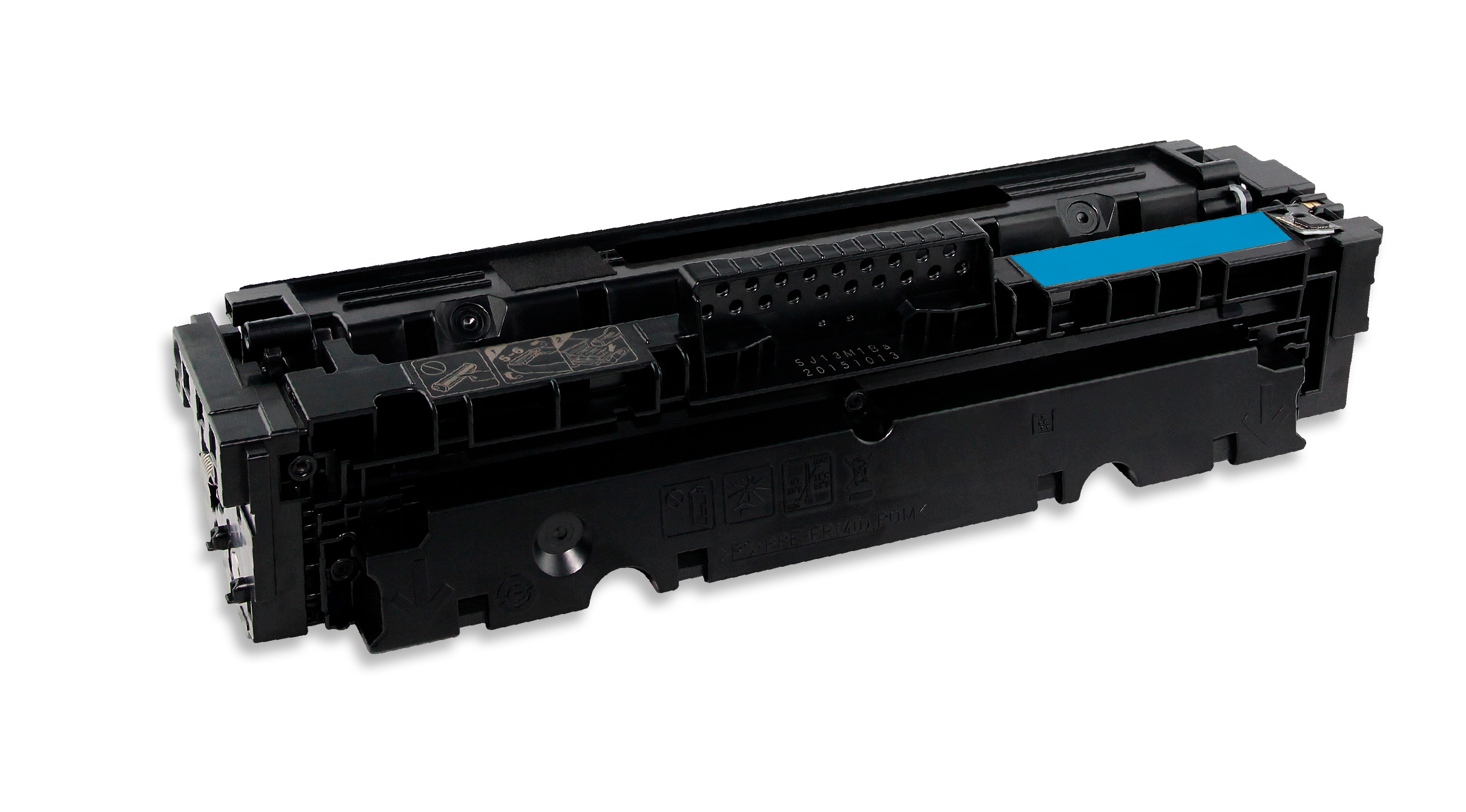 Una cartuccia toner per stampante nera con una sezione color ciano. La cartuccia presenta vari segni ed è su sfondo bianco.