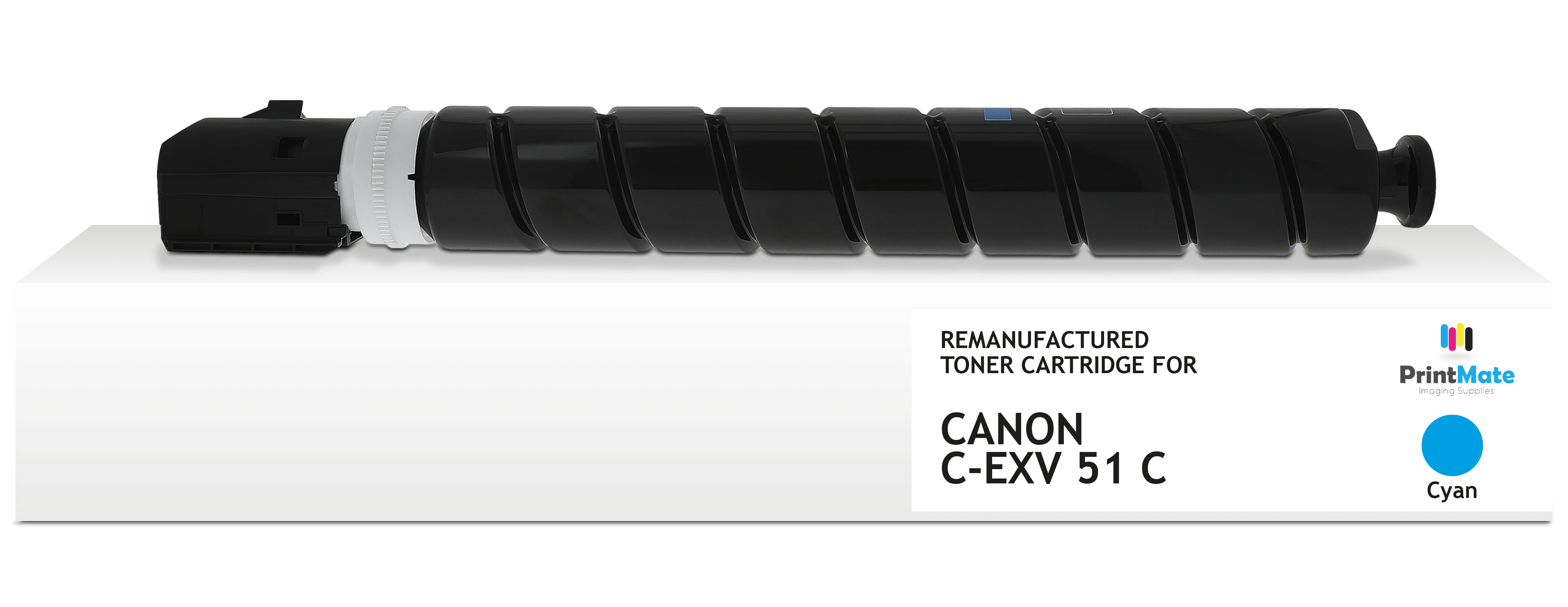 Una cartuccia toner nera per Canon C-EXV 51 C è su una superficie bianca. La scatola indica che è ciano, prodotta da PrintMate.