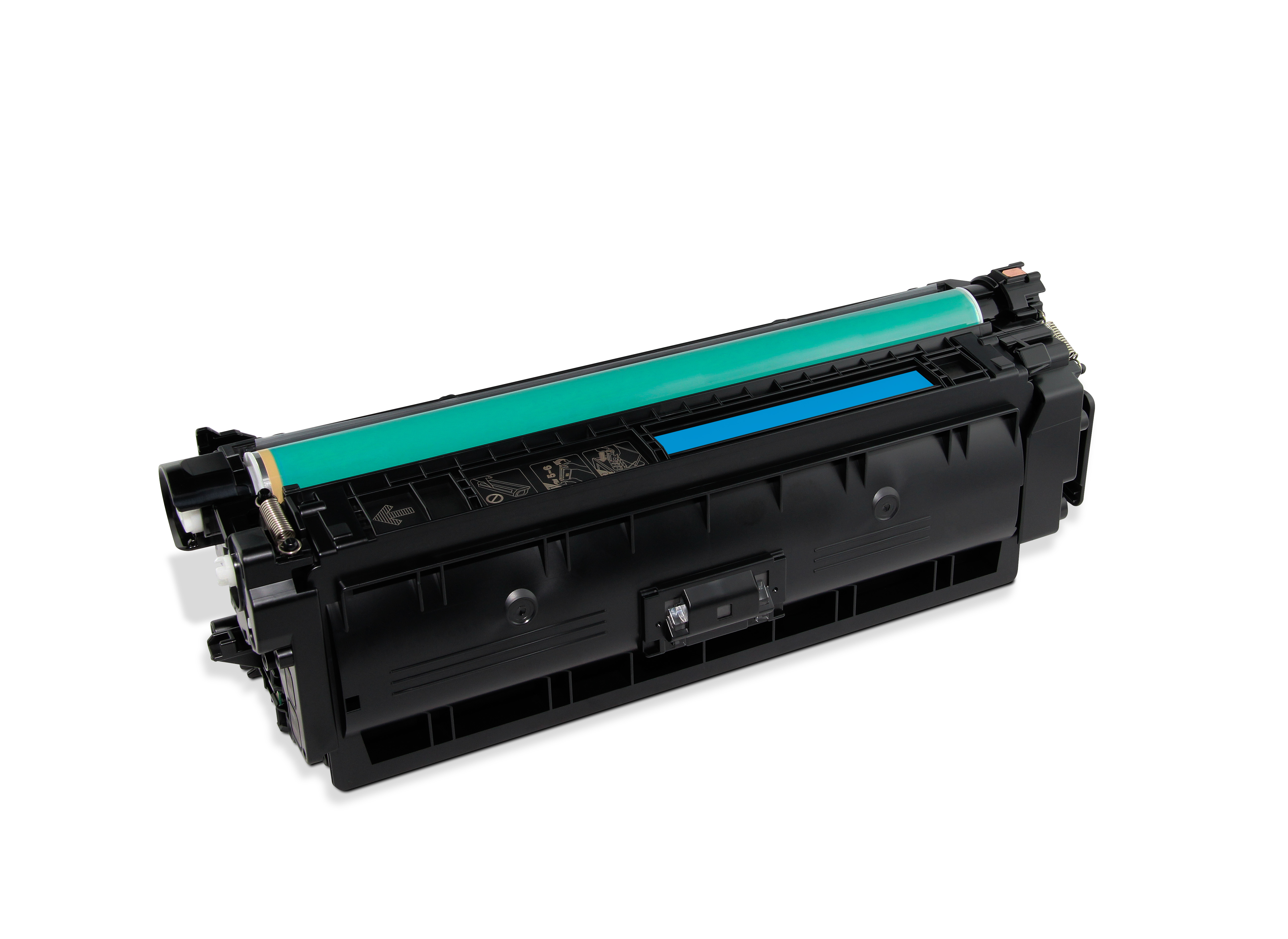 Una cartuccia toner nera. Sono visibili un rullo verde e una striscia blu. Lo sfondo è bianco.