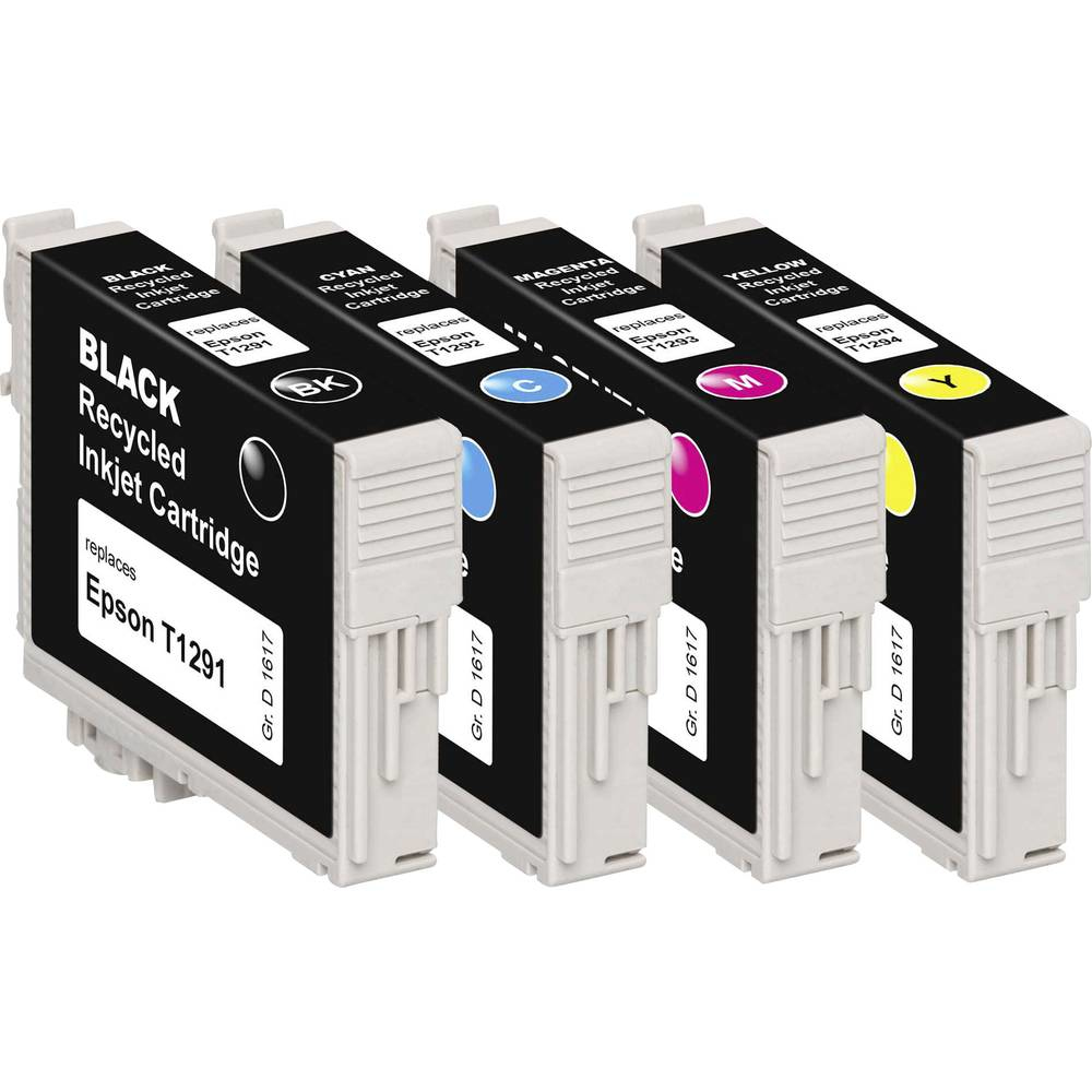 Quattro cartucce d'inchiostro: nero, ciano, magenta e giallo. Ognuna ha un'etichetta con colore, tipo e marchio Epson.