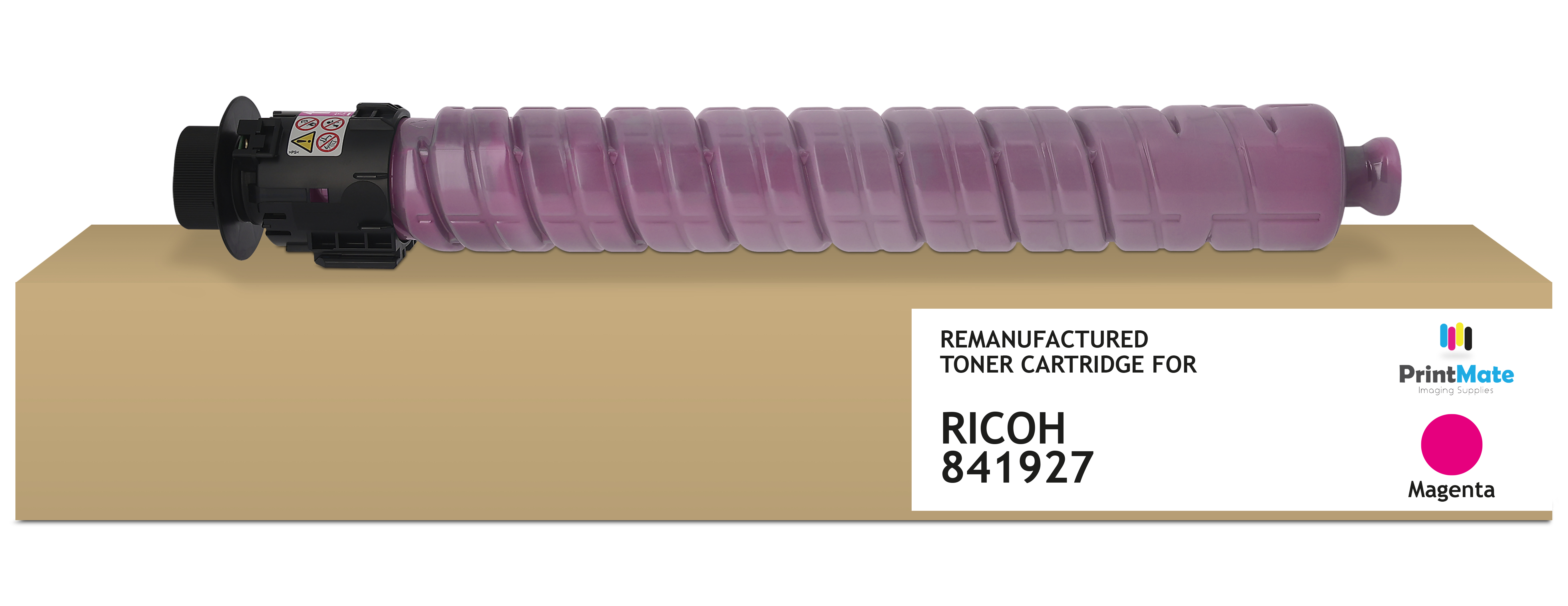 Cartuccia toner magenta su una scatola. È una Ricoh 841927 rigenerata. Logo PrintMate a destra.