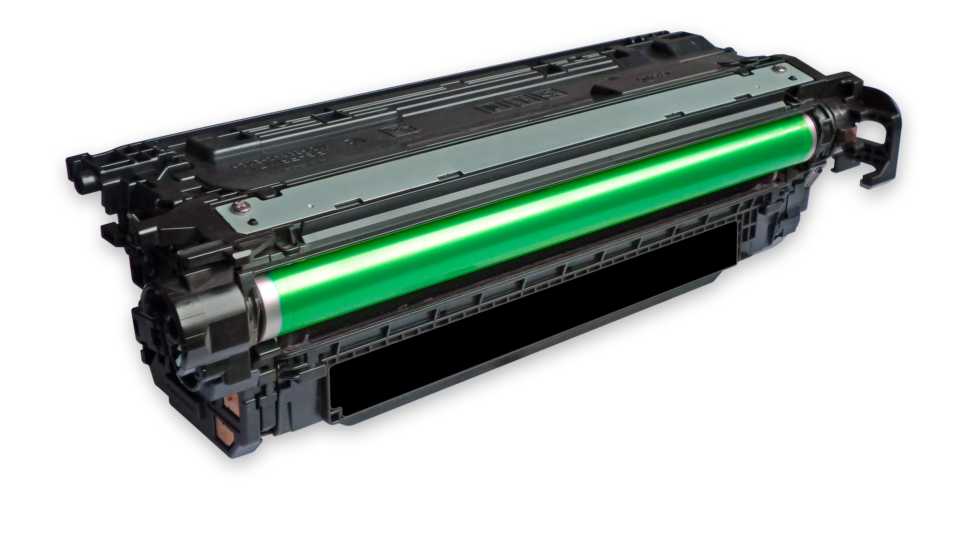 Una cartuccia toner nera e grigia con un componente cilindrico verde brillante. La cartuccia è su sfondo bianco.