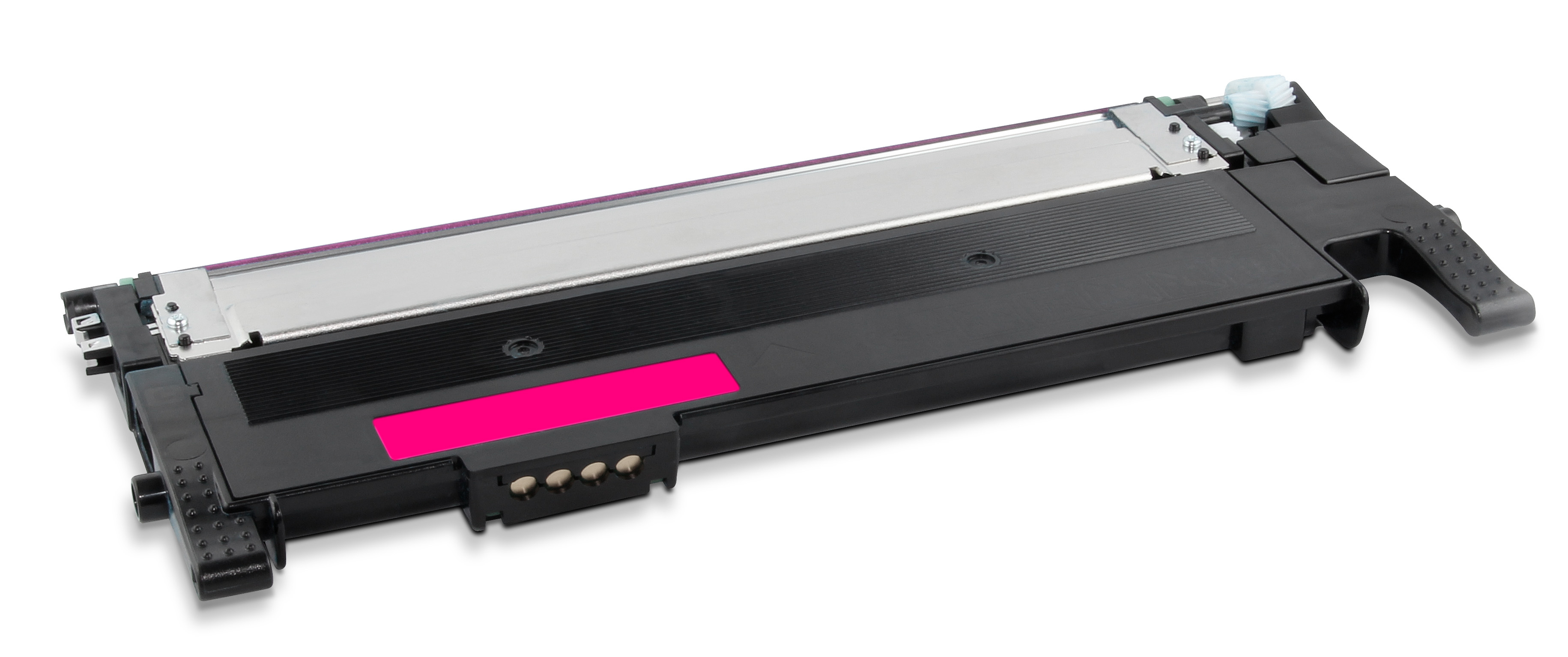 Una cartuccia toner nera e argento. Ha un'etichetta rosa brillante. Lo sfondo è bianco.