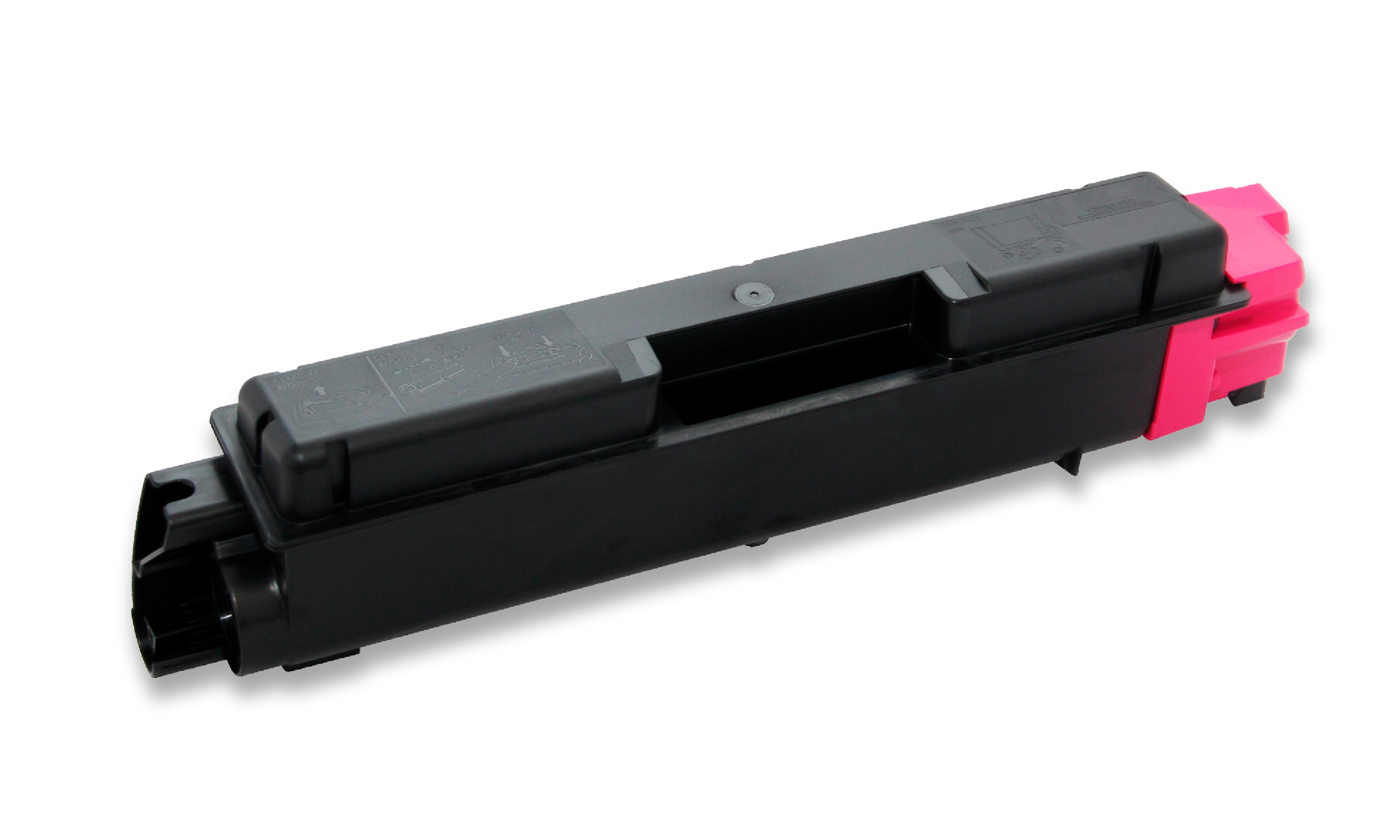 Una cartuccia toner nera e rosa su sfondo bianco. Ha una forma rettangolare con istruzioni stampate.