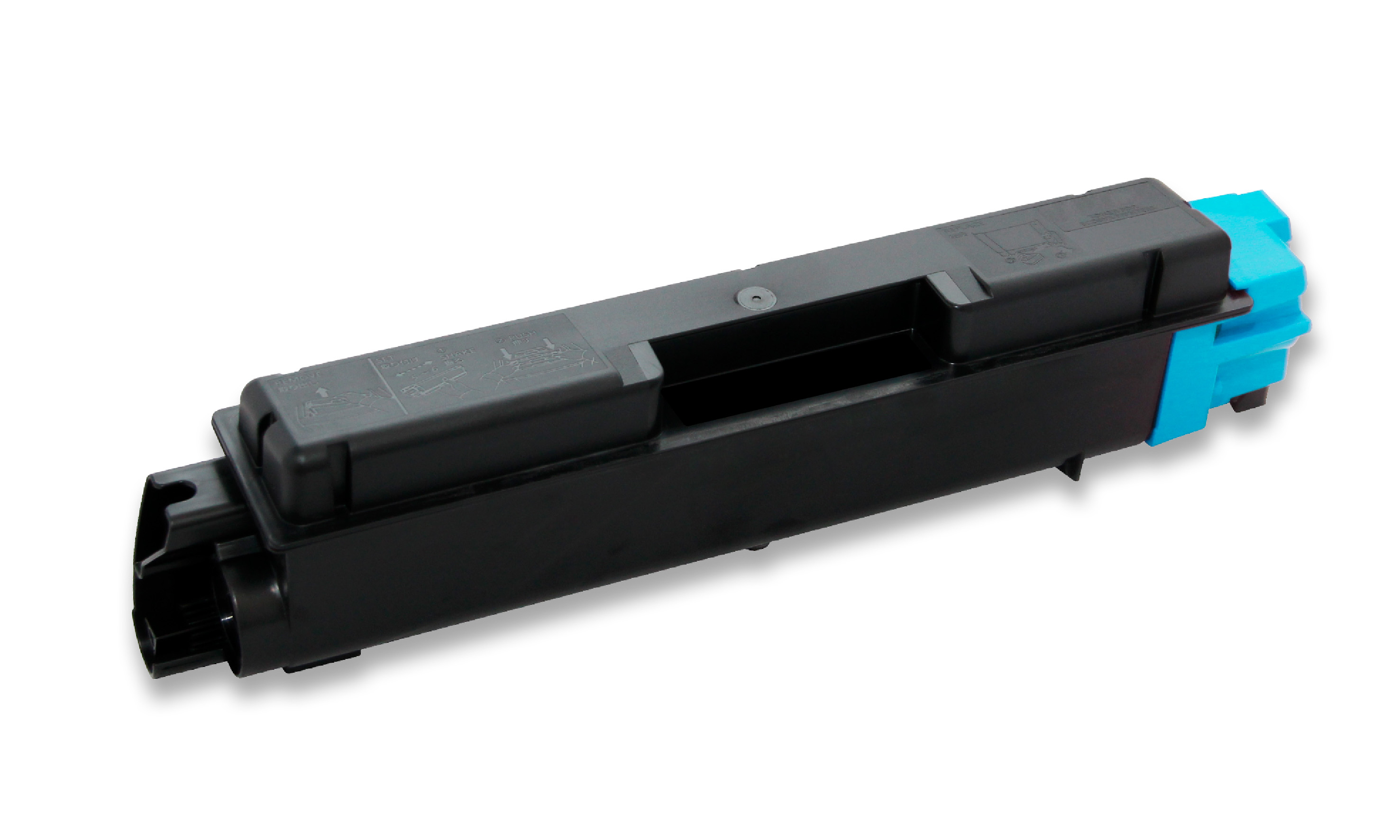 Una cartuccia toner nera e blu su sfondo bianco. La cartuccia è rettangolare con maniglia blu.