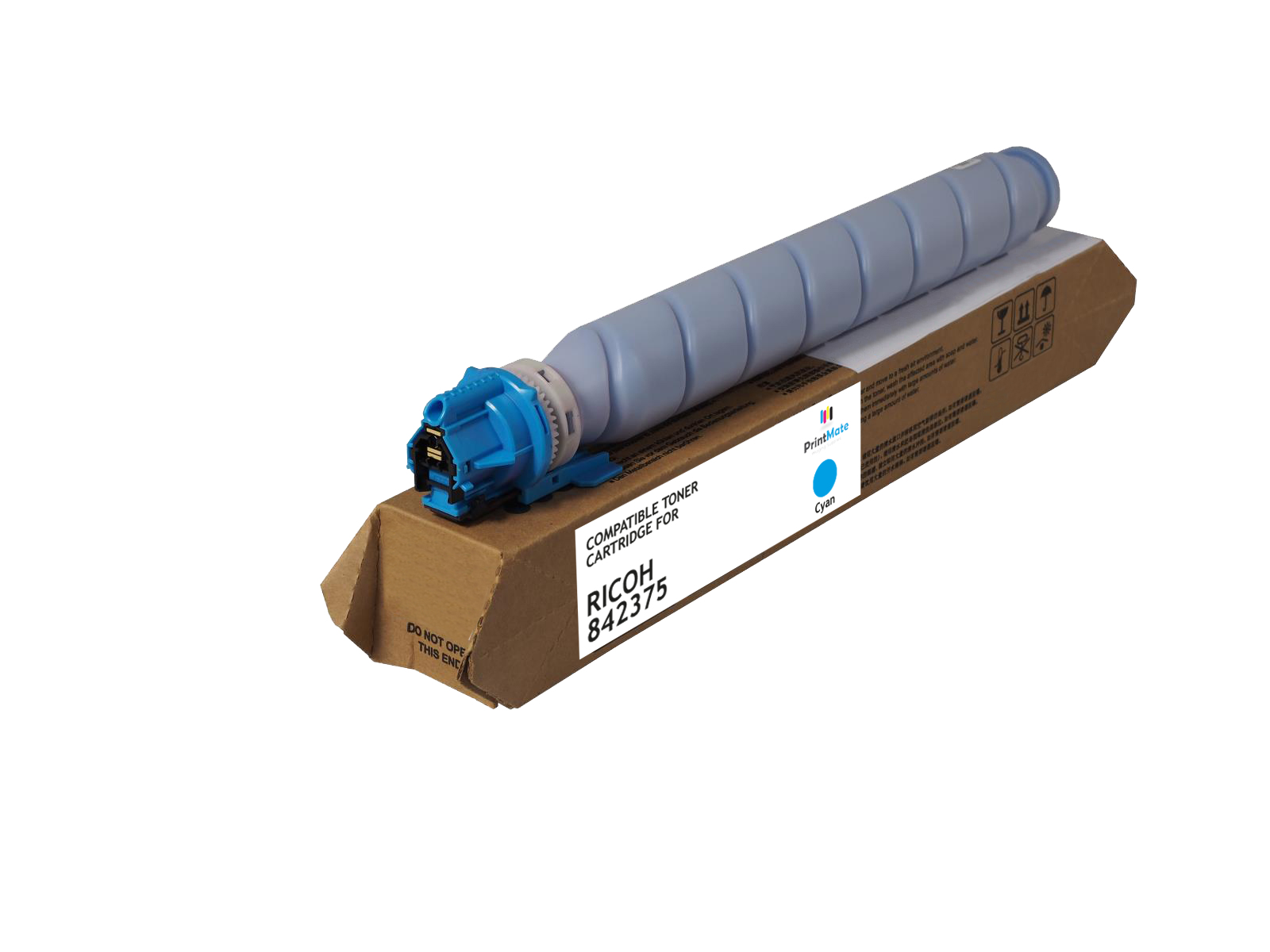 Cartuccia toner ciano nella sua scatola. La scatola è marrone, la cartuccia è azzurra. La scatola ha l'etichetta: RICOH 842375.