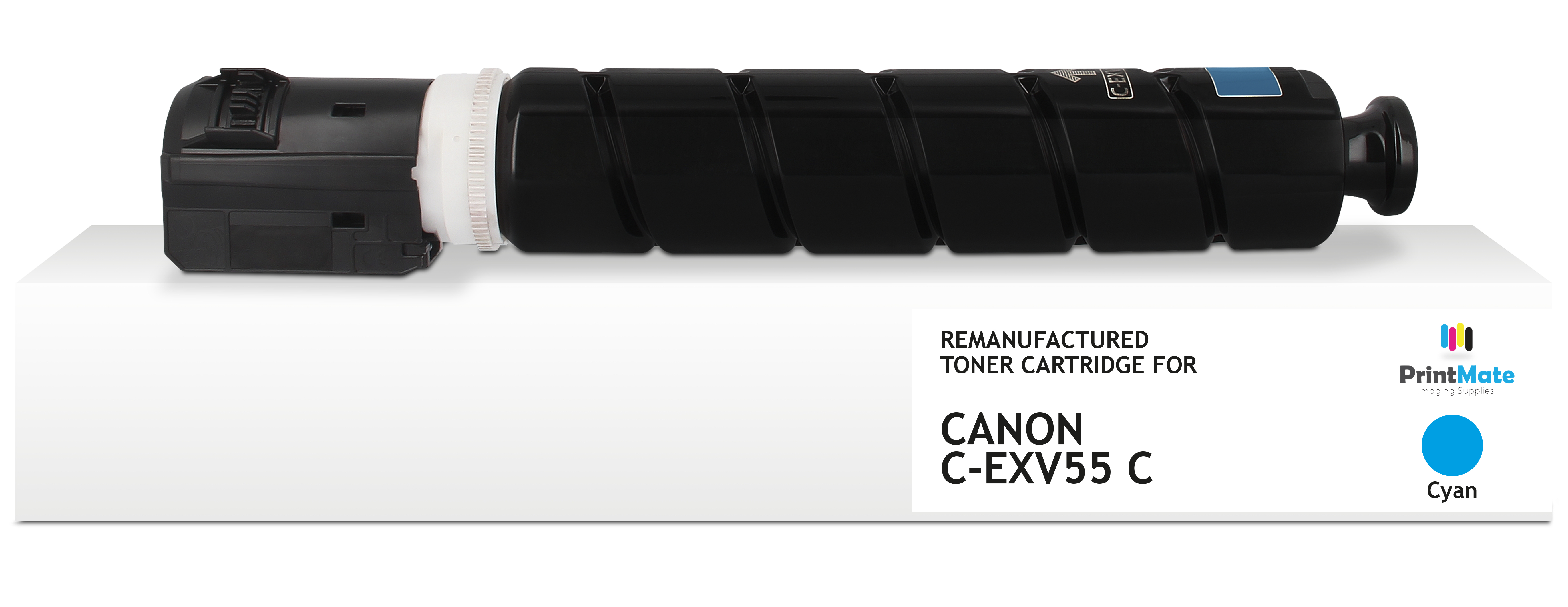 Una cartuccia toner nera etichettata Canon C-EXV55 C, su una superficie bianca. Il colore ciano è evidenziato.